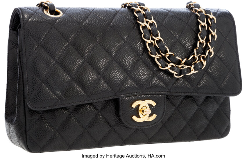 Chanel Black Quilted Caviar Leather Medium Double Flap Bag with, Lot  #56316