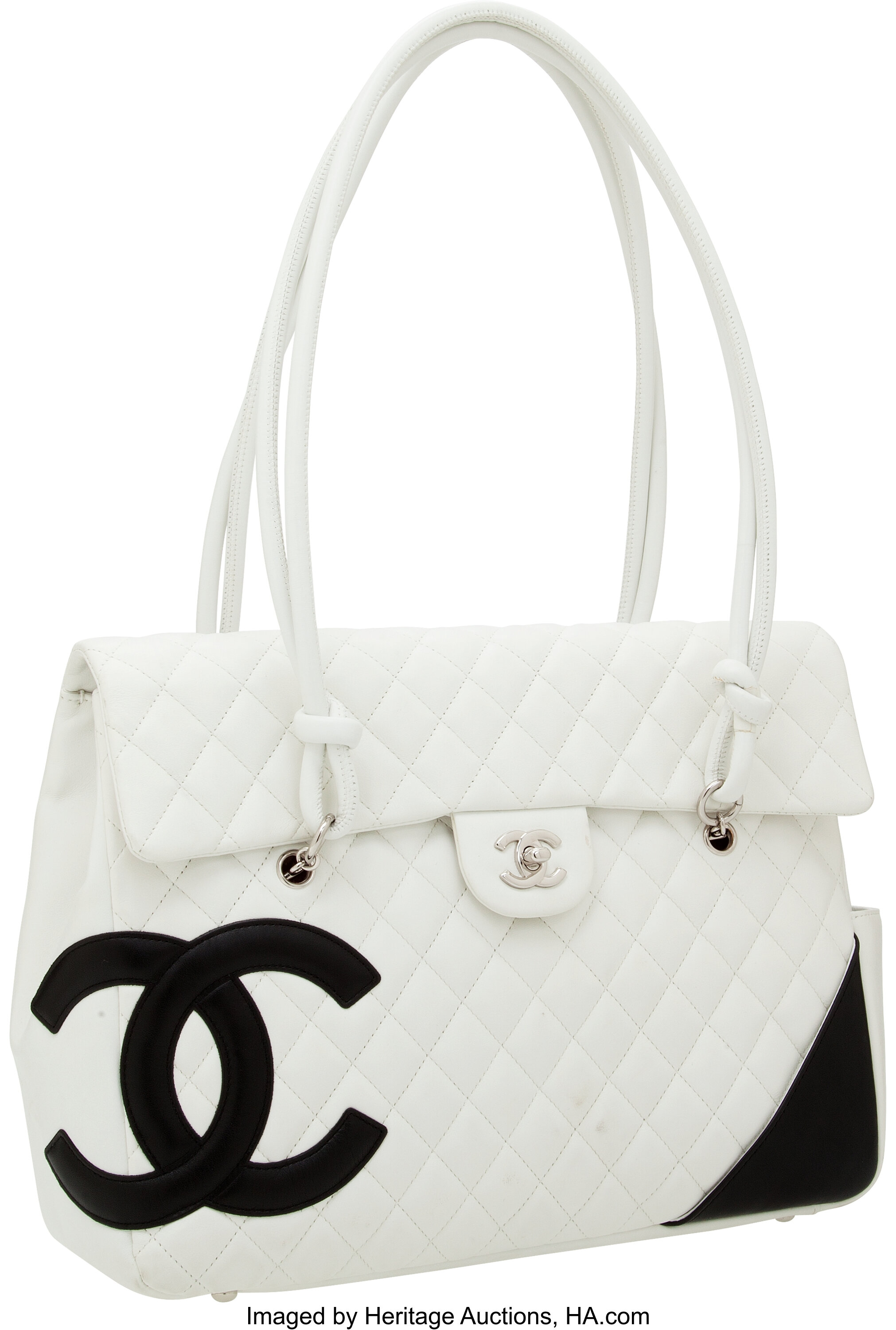 Chanel White Lambskin Leather Cambon Large Flap Bag.  Luxury