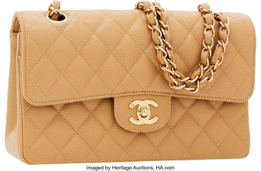 Chanel Beige Quilted Caviar Medium Classic Double Flap Gold Hardware, 2013 (Very Good), Womens Handbag