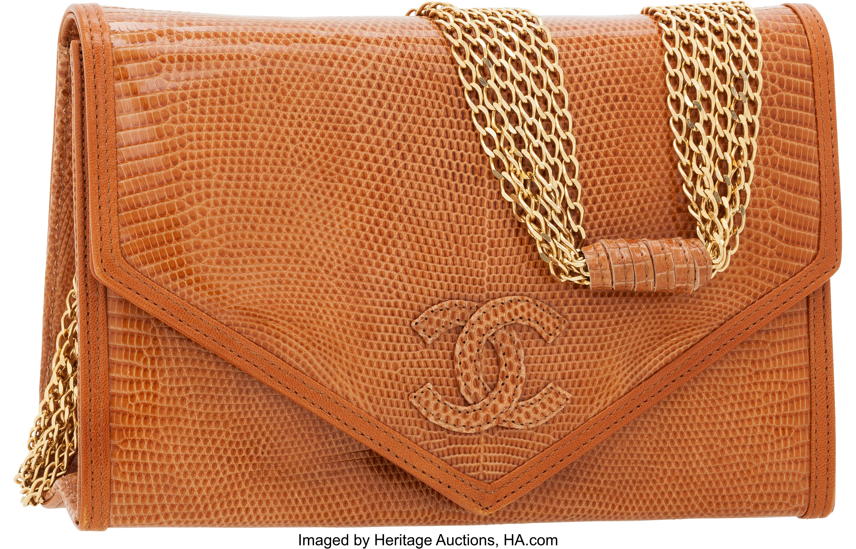 Chanel Brown Lizard Flap Clutch Bag with Multichain Shoulder Strap., Lot  #56273