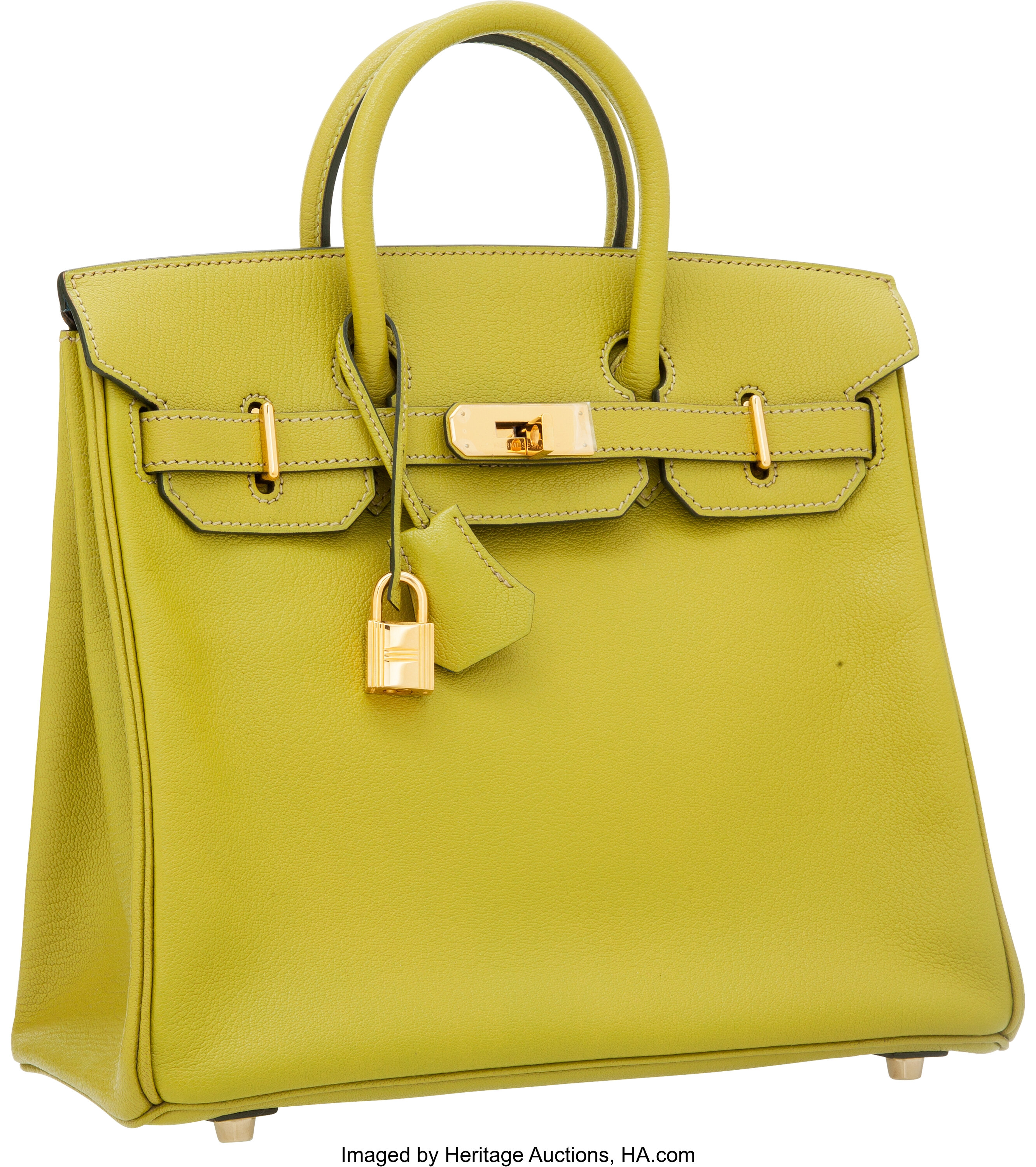 Hermes 28cm Shiny Vert Chartreuse Alligator Sellier Kelly Bag with, Lot  #58101