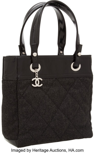 Chanel Black Patent Leather & Gray Wool Small Paris-Biarritz Tote