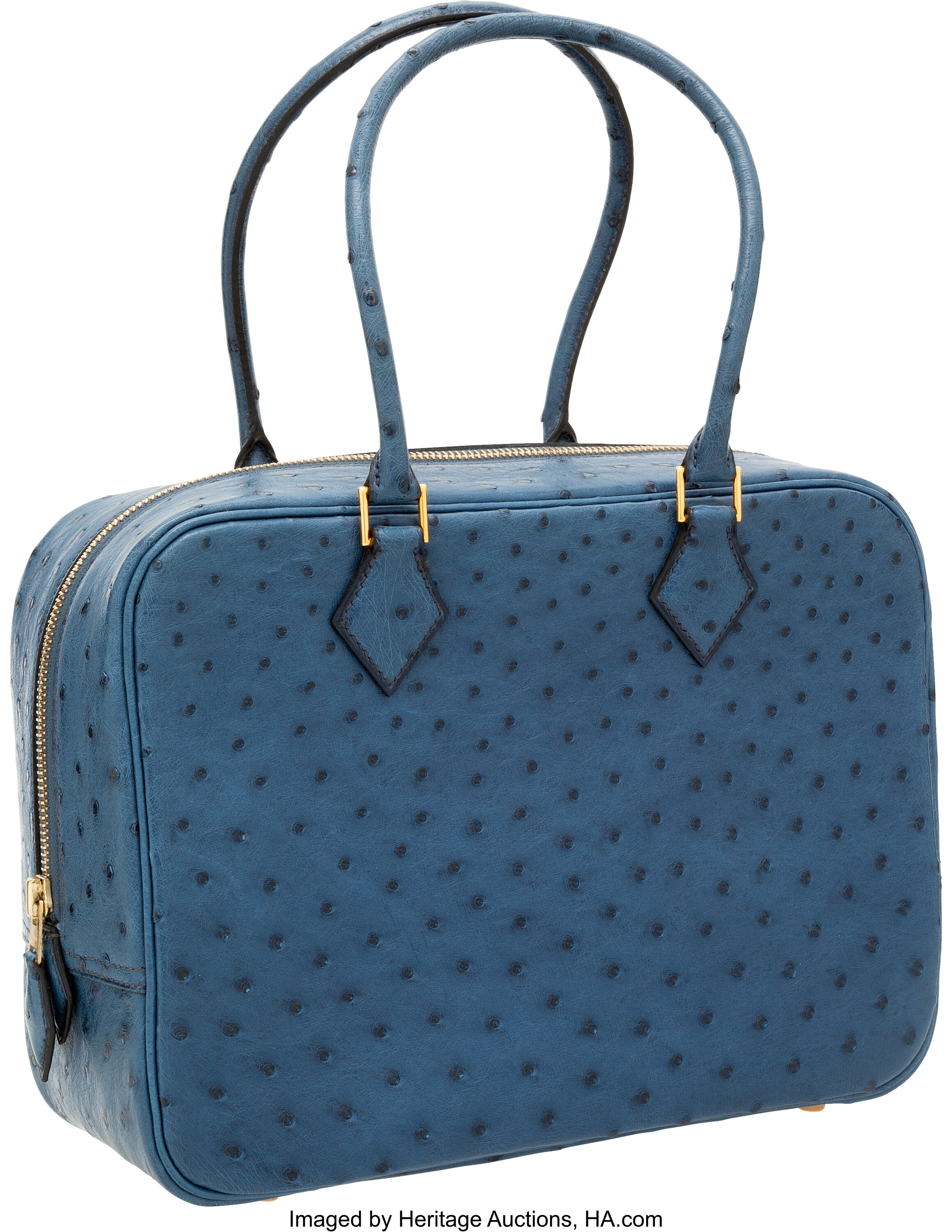 Hermes 28cm Blue Roi Ostrich Plume Bag With Gold