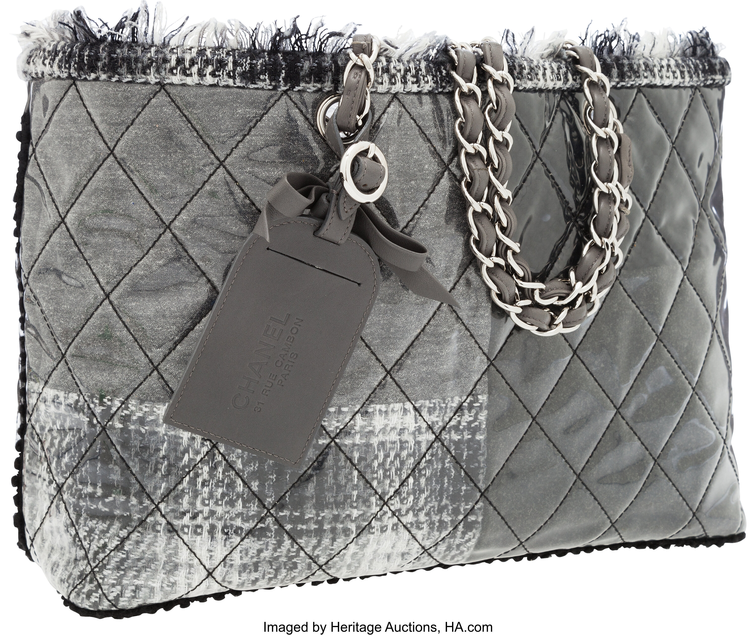 Chanel Gray Patent Leather Tweed Patchwork Tote Bag with Chain