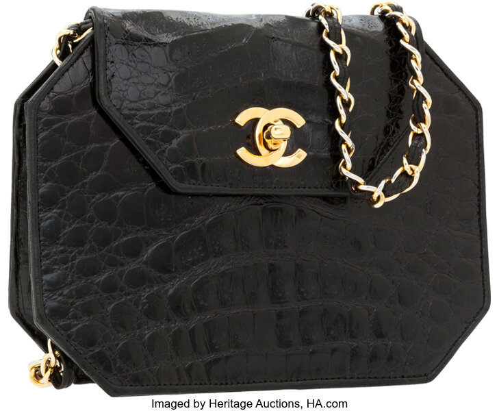 Chanel Shiny Black Crocodile Hexagonal Clutch Bag with Chain Strap