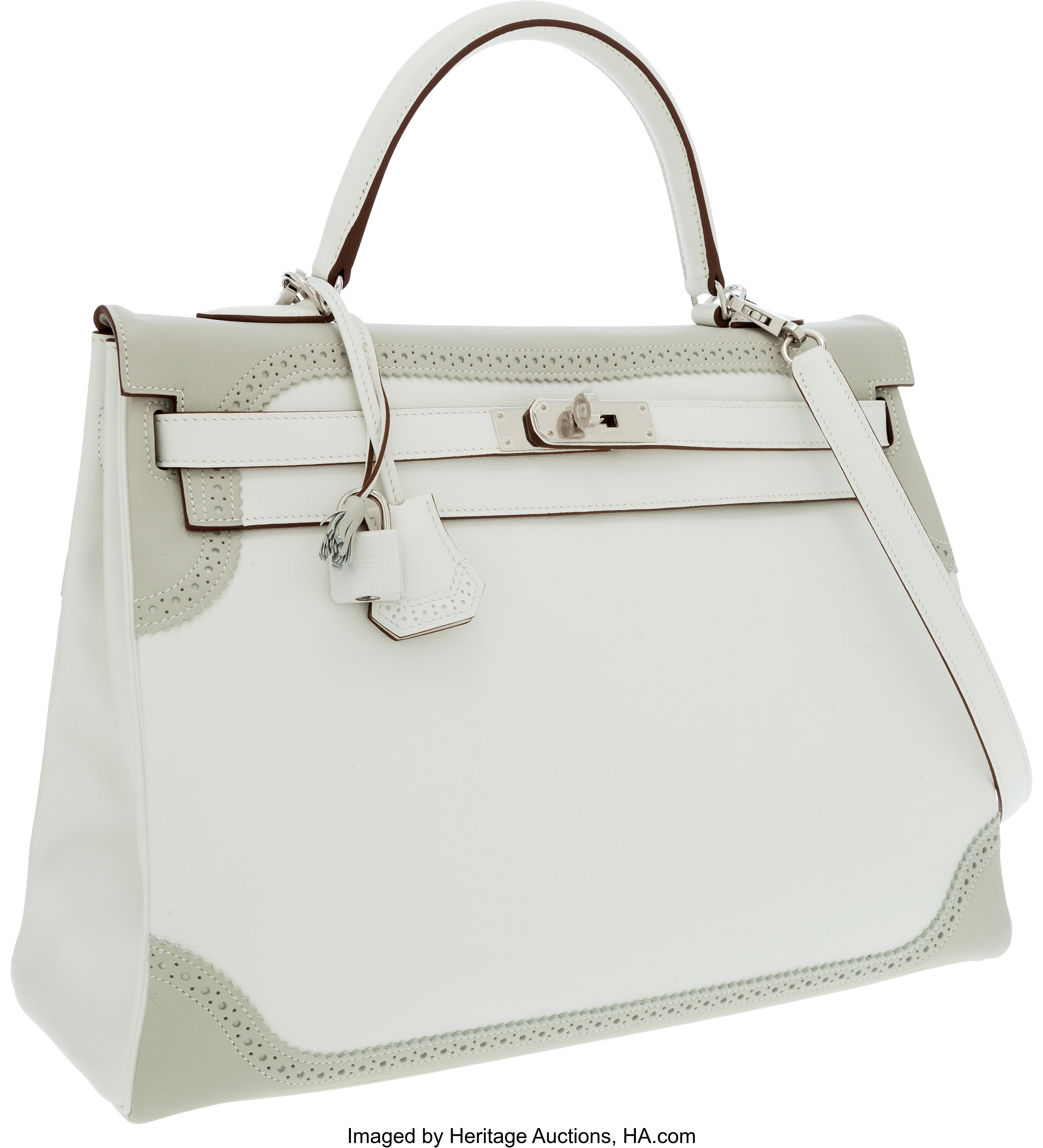 Hermes Limited Edition 35cm White & Gris Perle Clemence Leather and, Lot  #58140