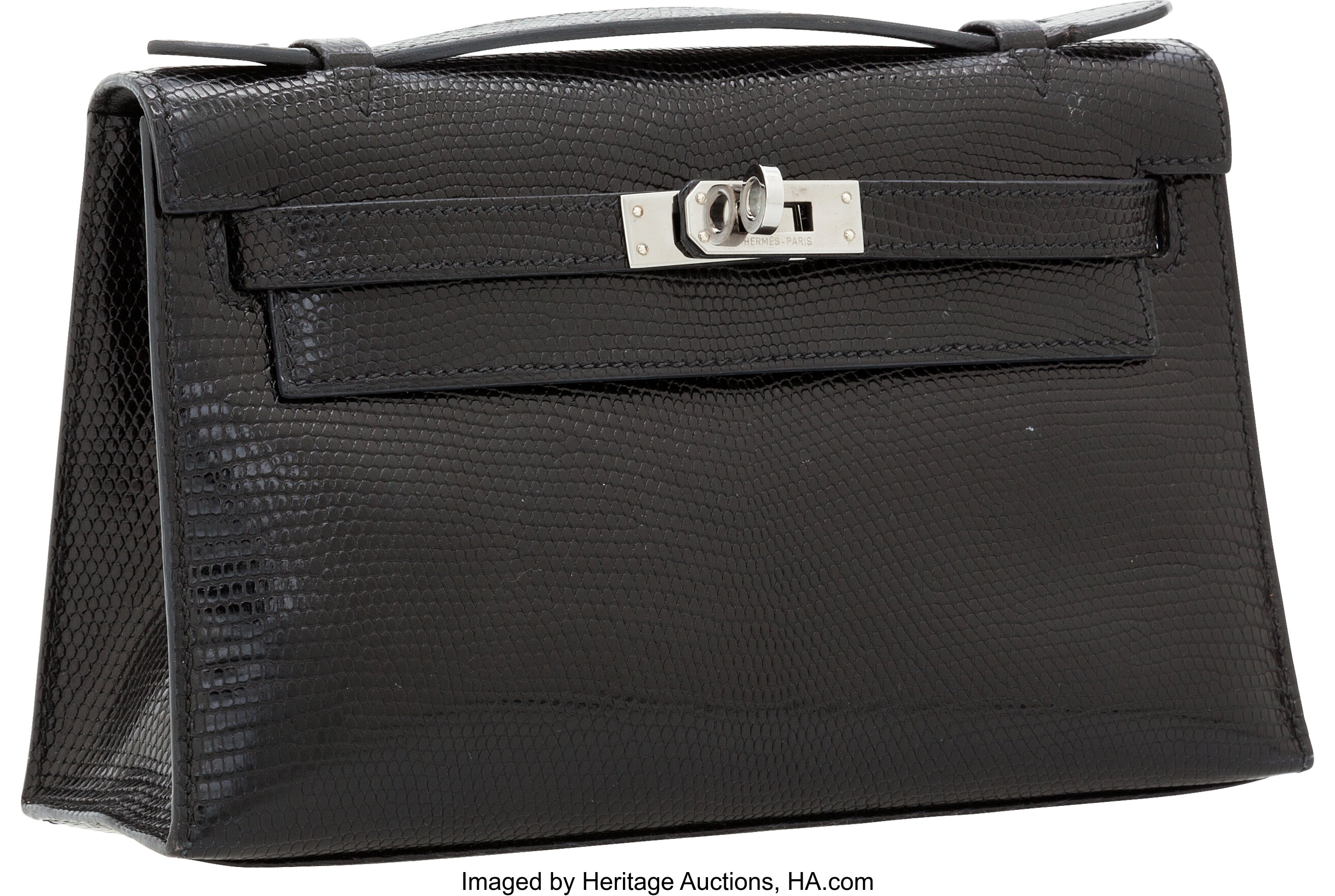 Hermes Black Lizard Kelly Pochette Clutch Bag with Ruthenium, Lot #56140