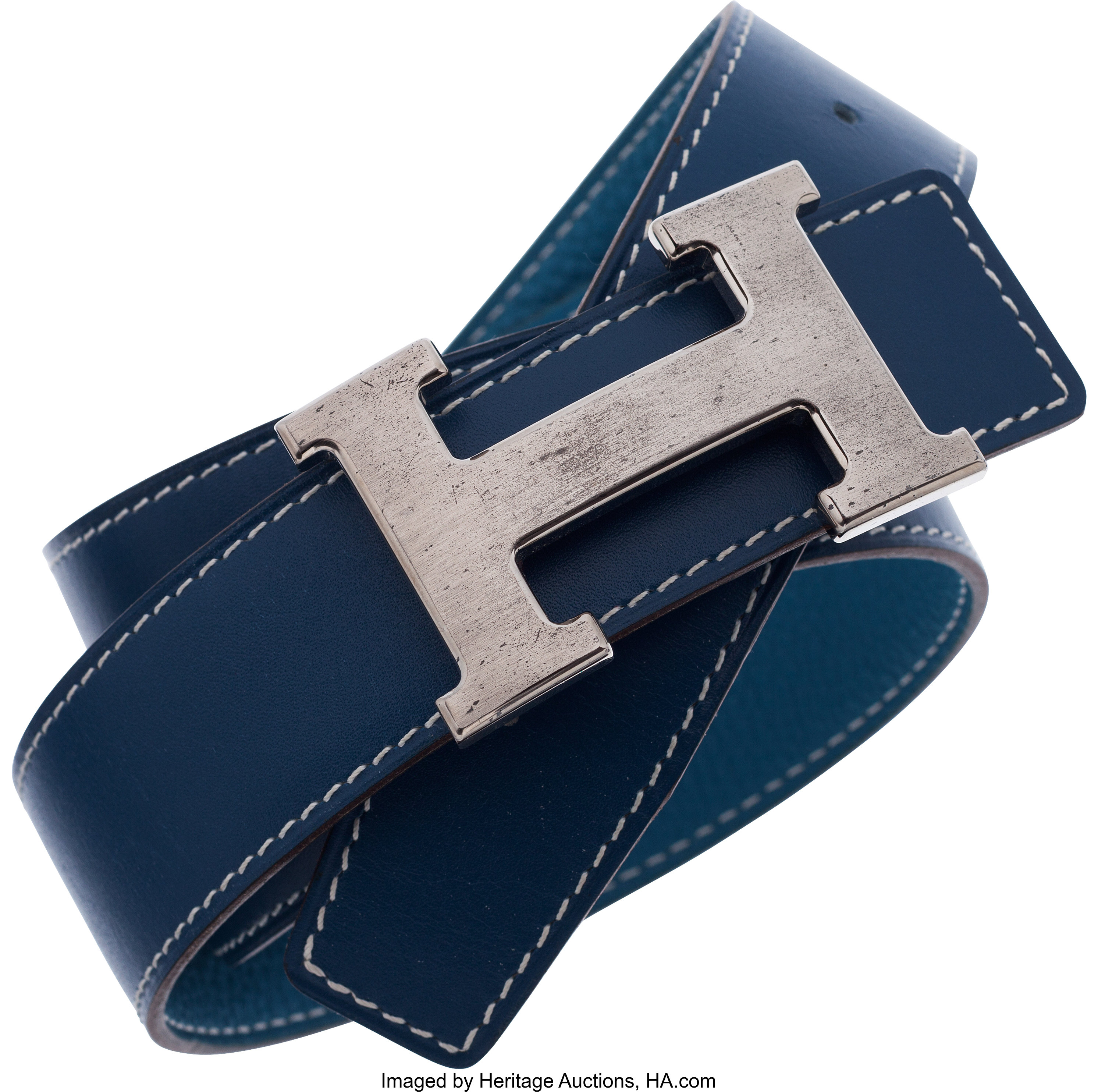 Hermes Blue Thalassa Calf Box & Blue Jean Togo Leather Belt with, Lot  #56549