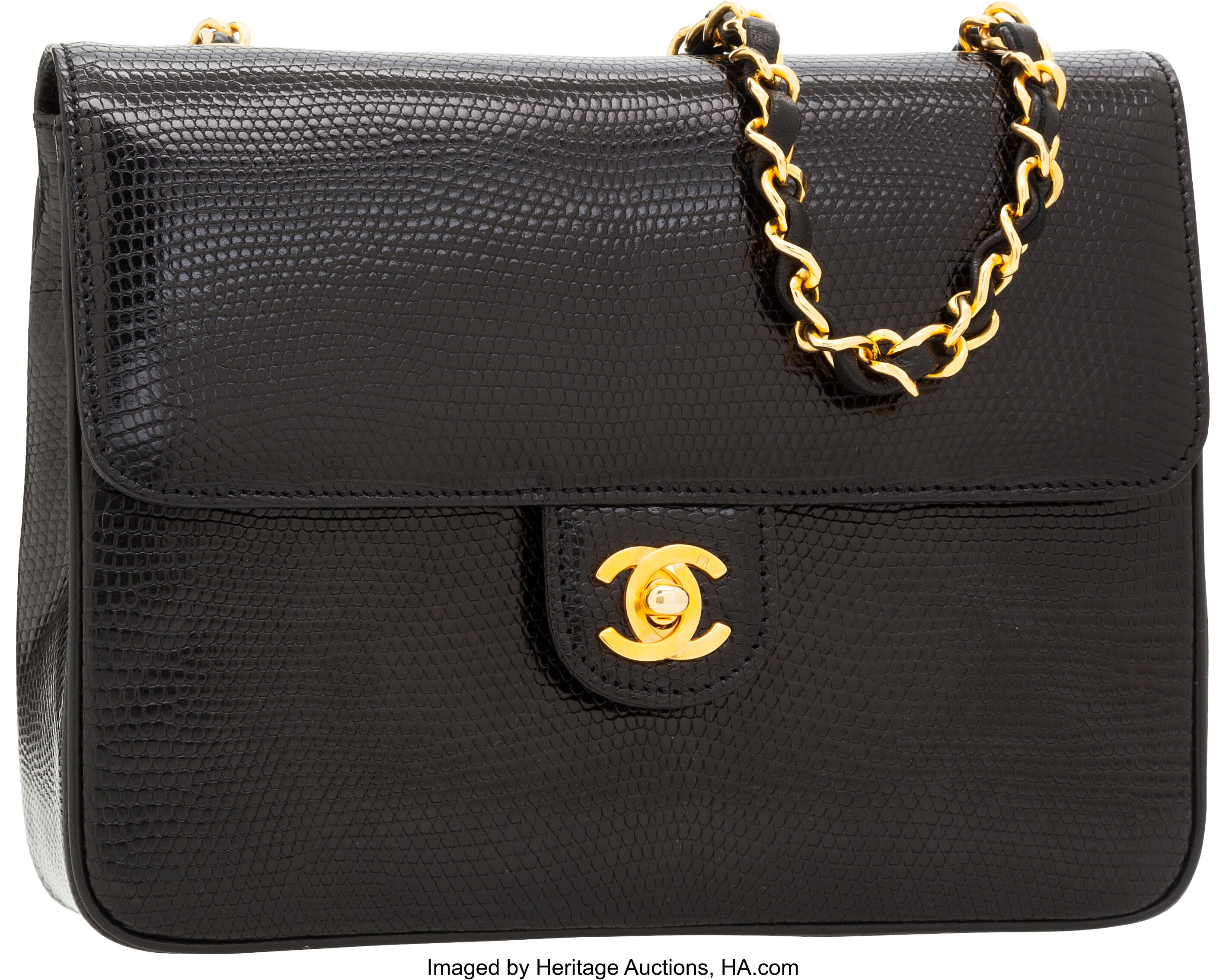 Sold at Auction: Rare Vintage Chanel Black Lizard Mini Flap Bag