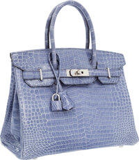 Hermes 35cm Blue Brighton Shiny Porosus Crocodile Birkin Bag with