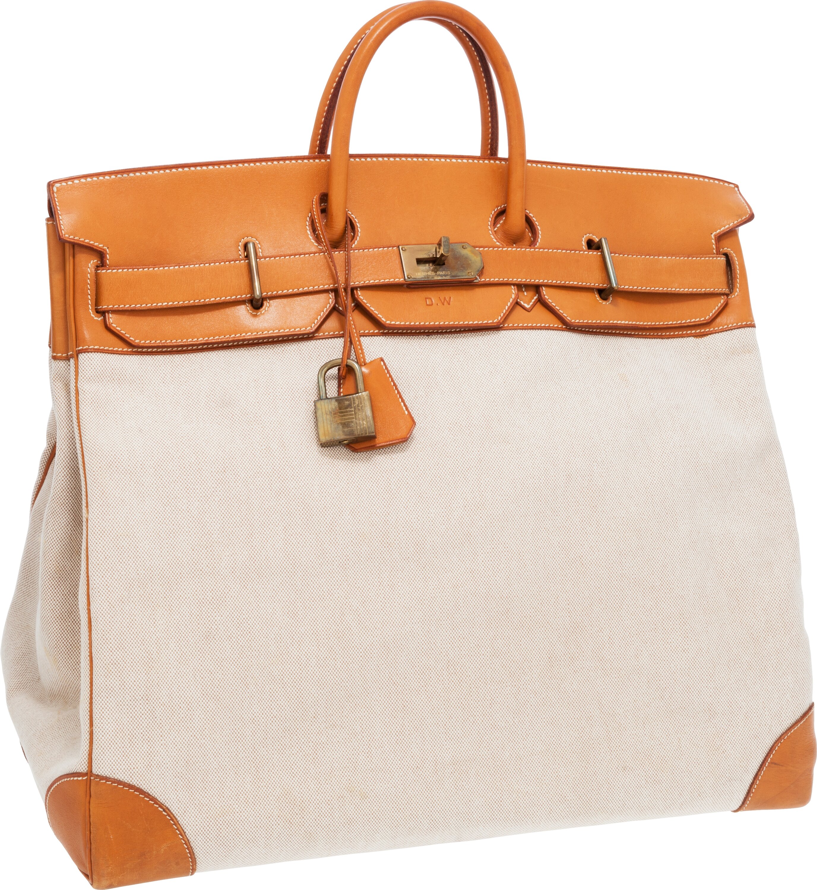 Hermes 50cm Vache Naturelle Leather & Toile HAC Travel Birkin Bag, Lot  #58031