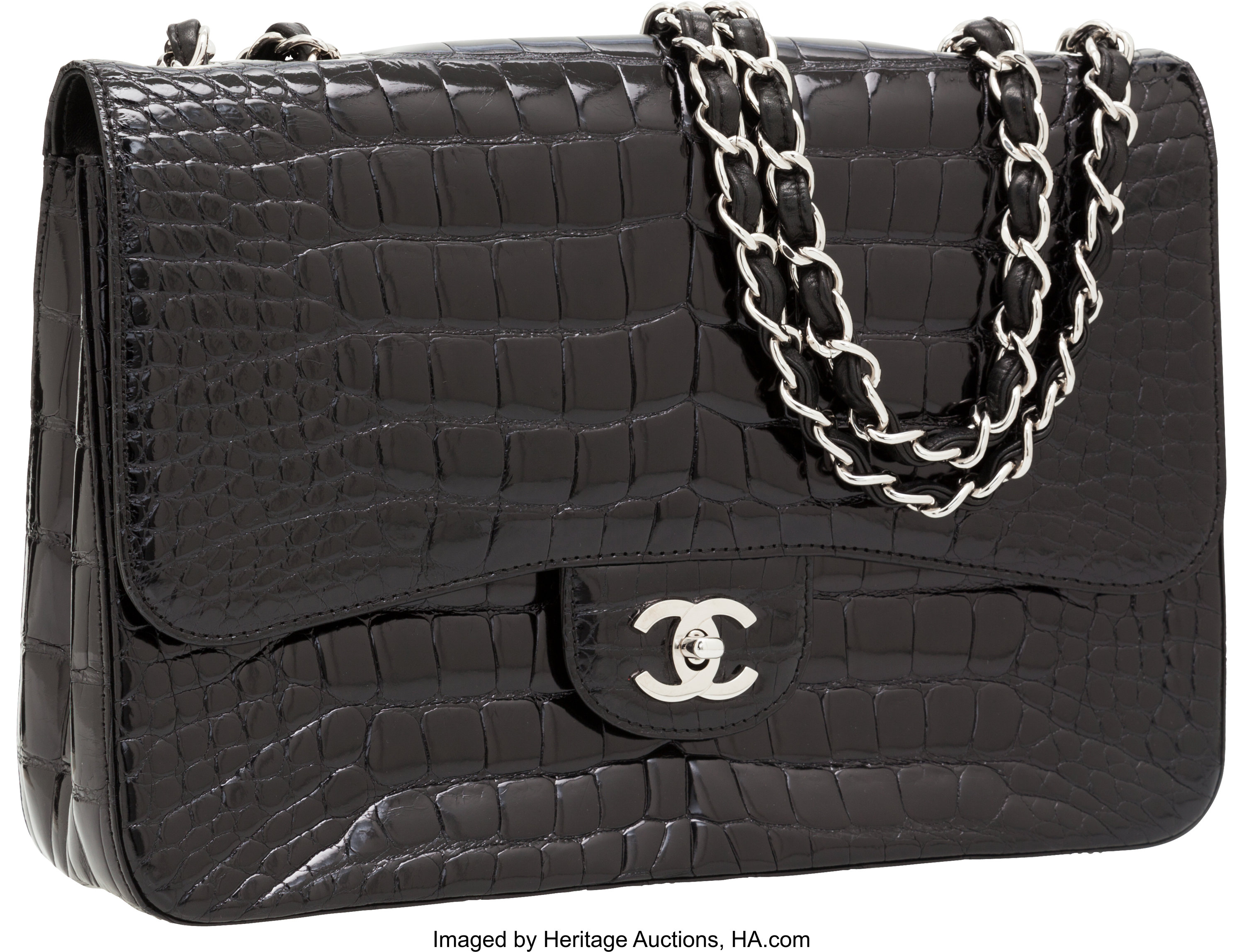 Chanel Shiny Black Crocodile Jumbo Single Flap Bag with Silver
