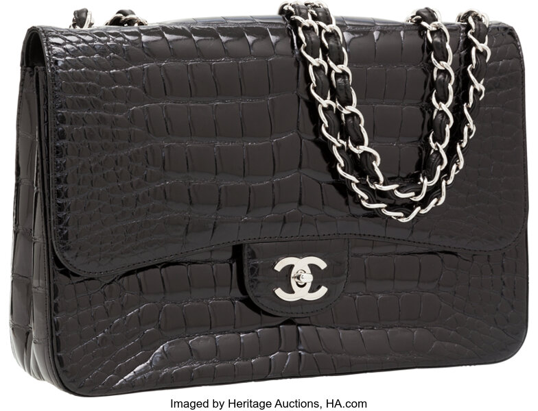 Chanel Vintage Jumbo Single Flap Black Alligator Bag Gold Hardware •  MIGHTYCHIC • 