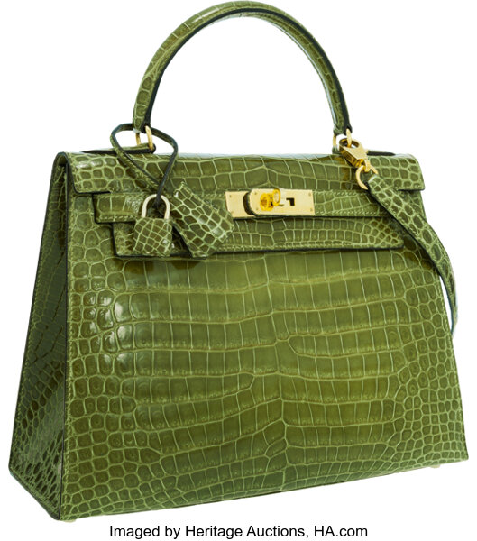 Hermes 28cm Shiny Vert Emerald Alligator Sellier Kelly Bag with