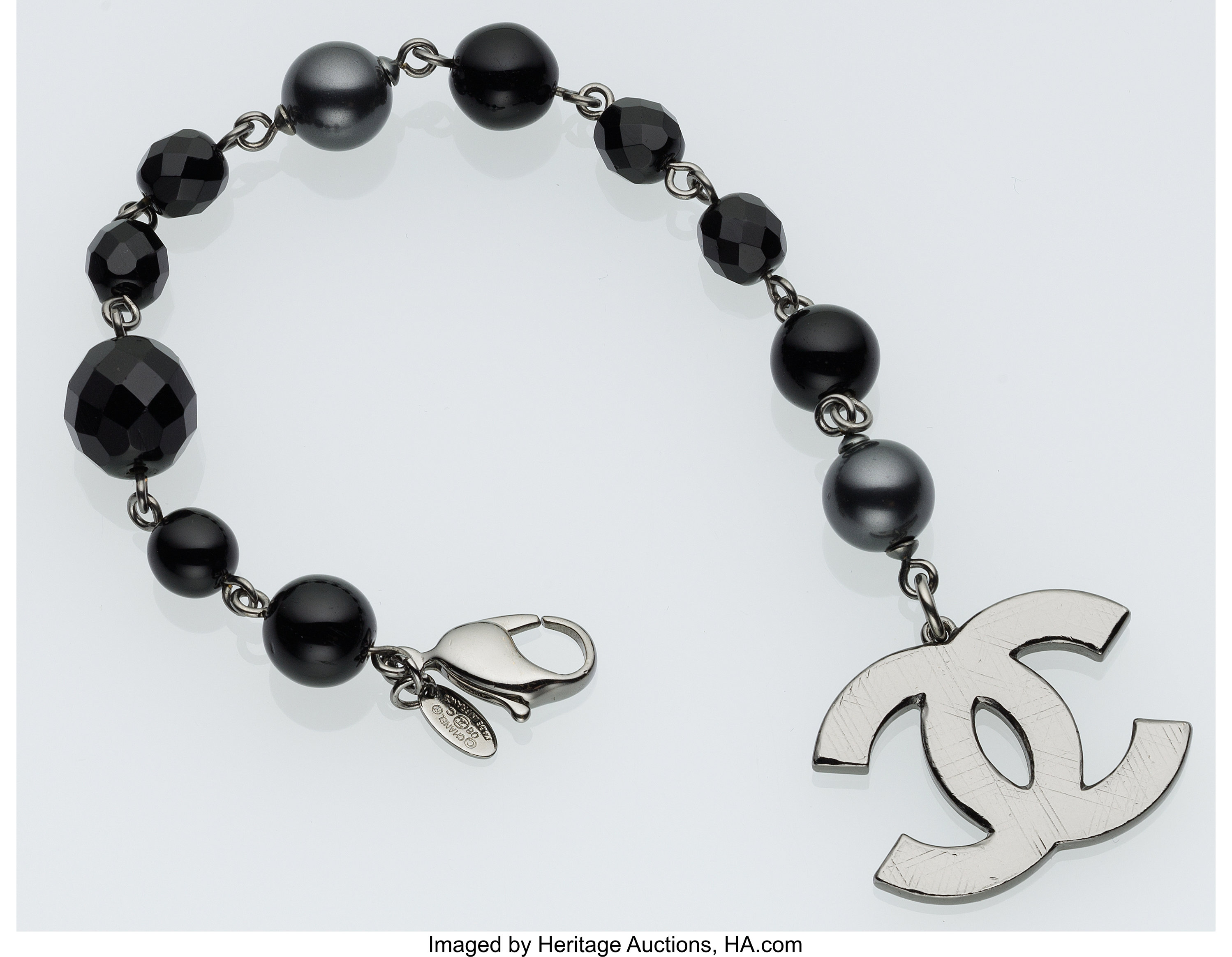 Chanel Faux Pearl & Black Beaded Bracelet with Large Gunmetal CC