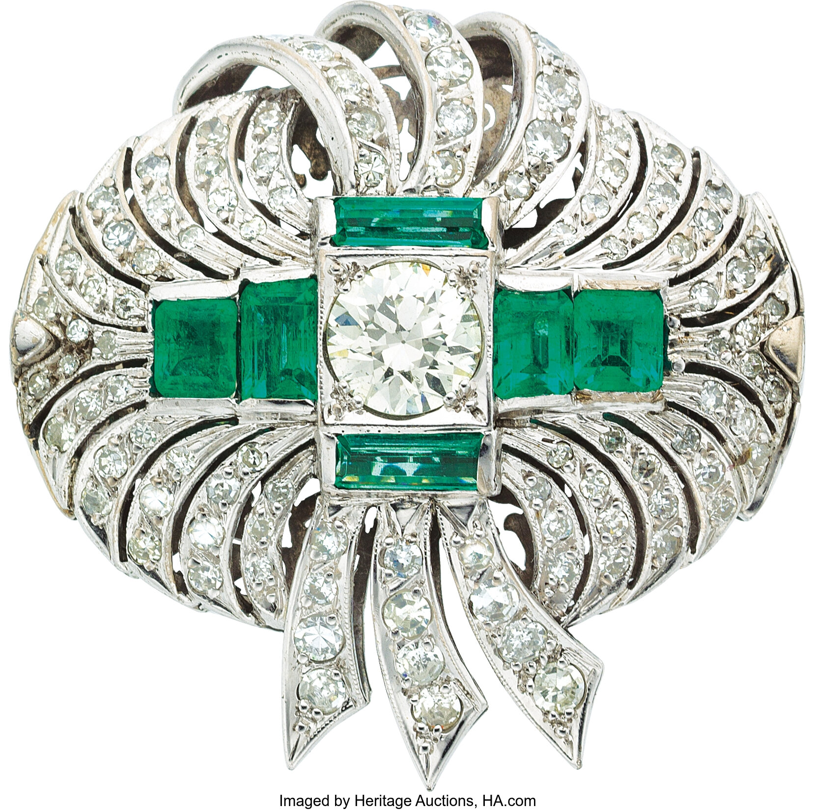 Diamond, Emerald, White Metal Brooch. ... Estate Jewelry Brooches ...