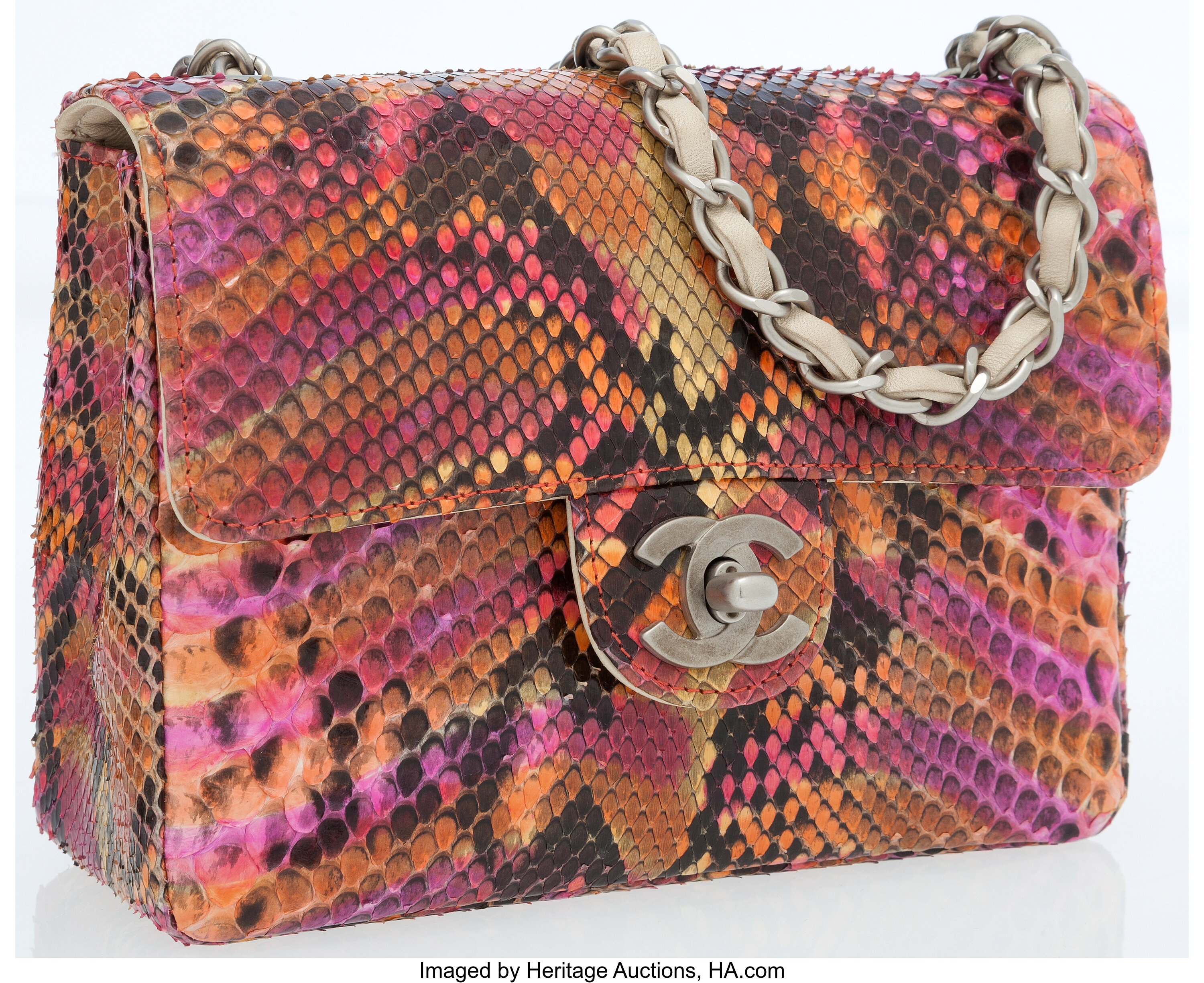 CHANEL, Bags, Chanel Pink Orange Multicolor Python Snakeskin 9s Cc Logo  Top Handle Flap Bag