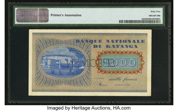 Katanga 1000 Francs ND (1960) Specimen Pick 10s. World