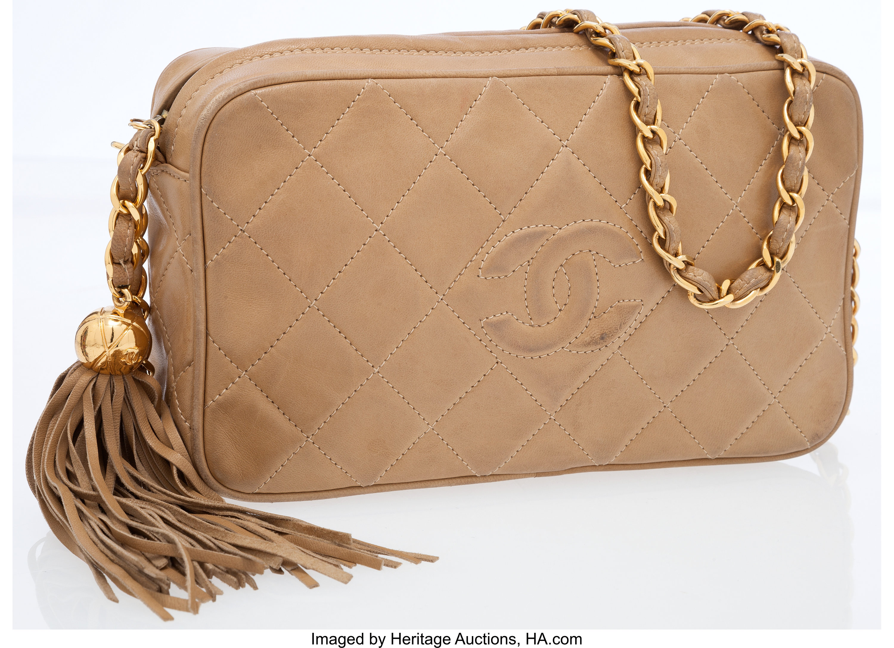Vintage Chanel Quilted Tassel Camera Bag Beige Leather Chain Strap Shoulder  Bag