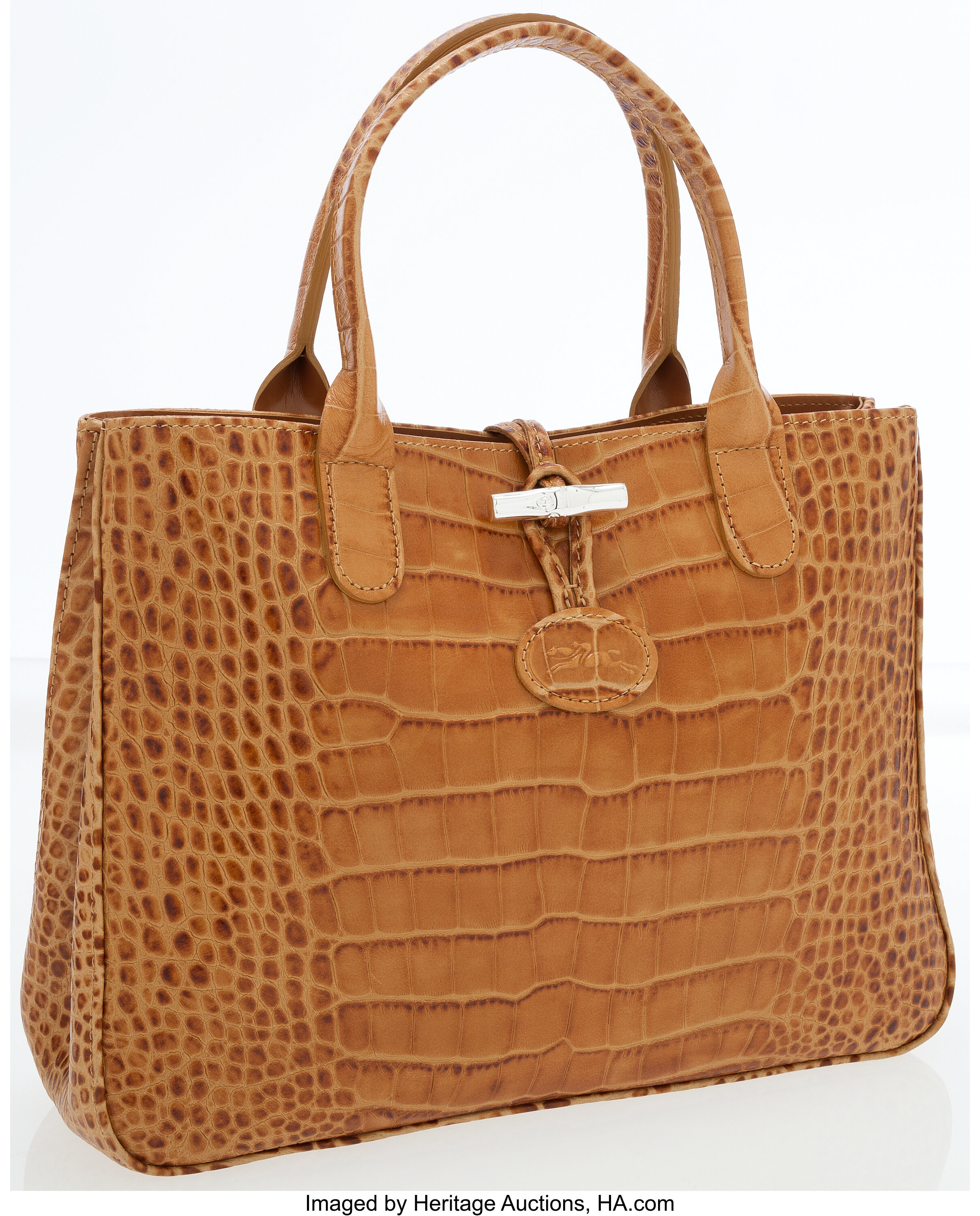 Longchamp Tan Crocodile Pressed Leather Tote Bag.  Luxury, Lot #76070