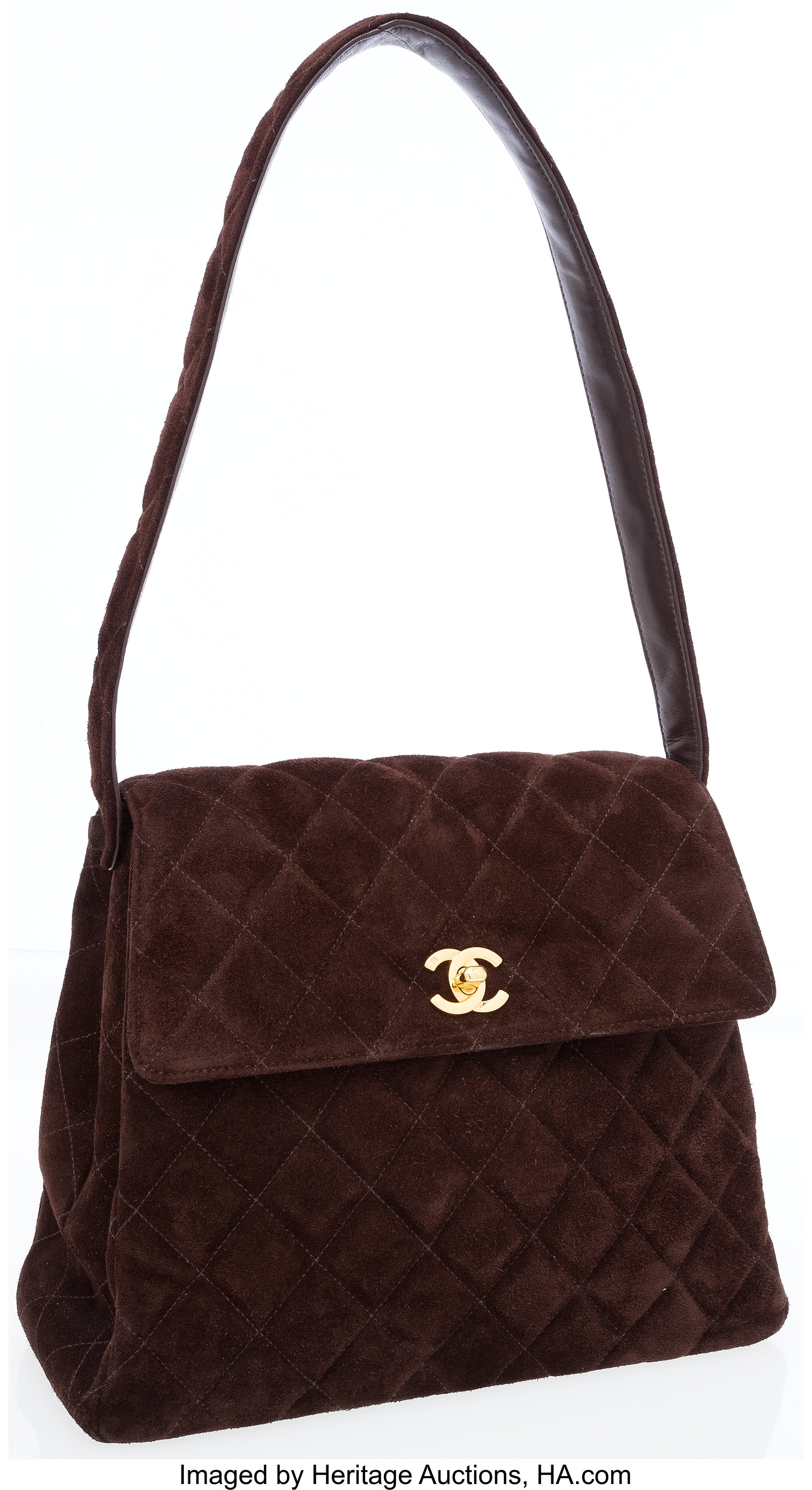 Chanel Brown Quilted Suede Shoulder Bag with Gold Hardware. , Lot  #75035