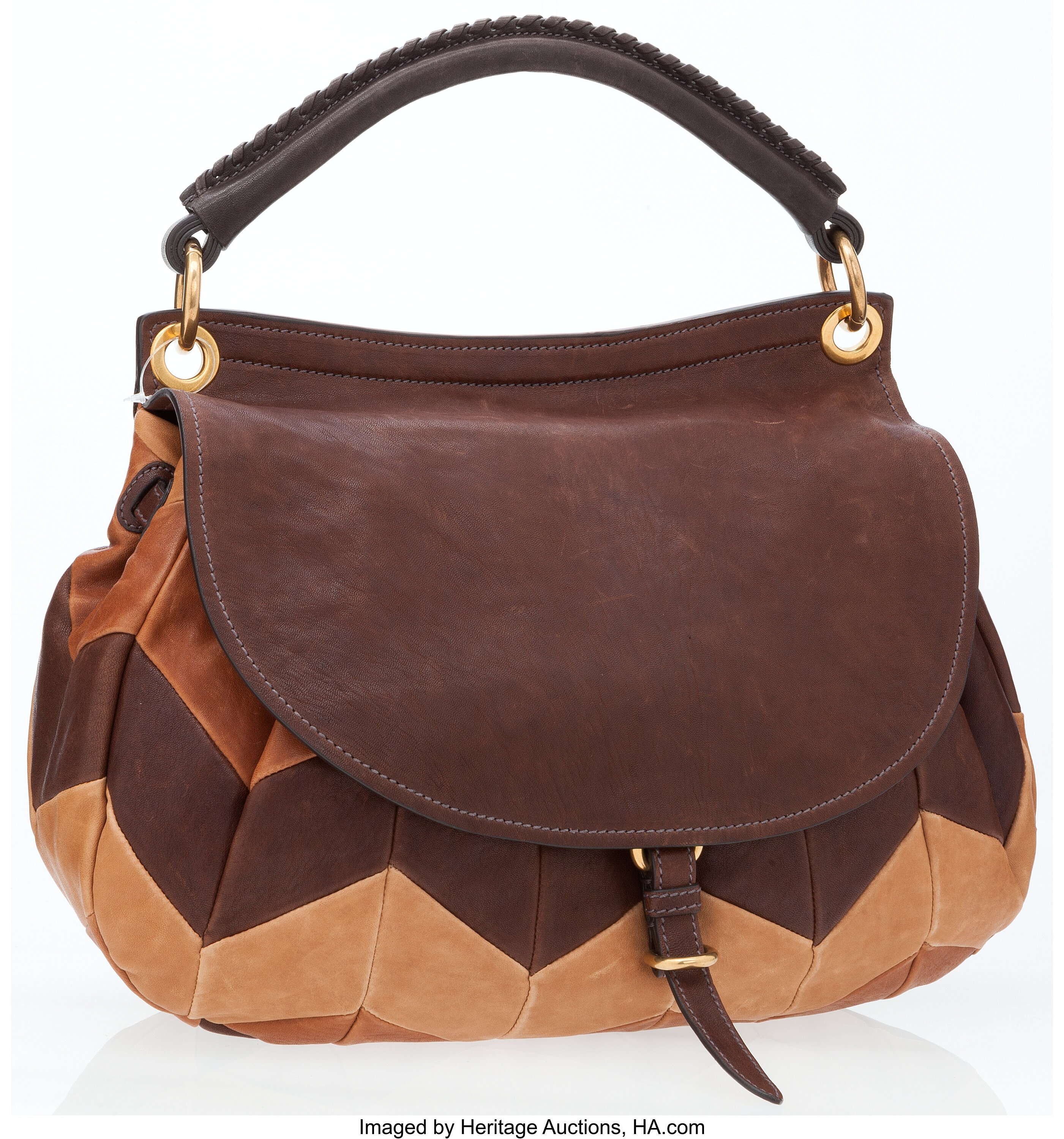 Miu Miu Brown Patchwork Leather Top Handle Bag with Shoulder Strap