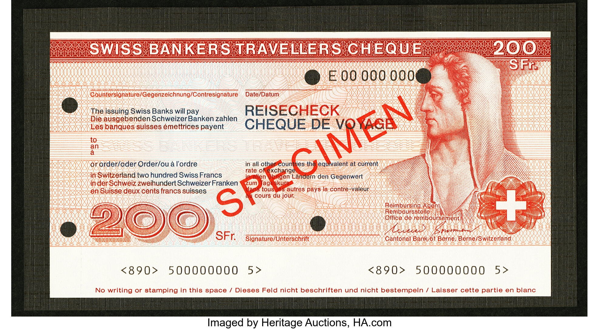 Switzerland Cantonal Bank of Berne Traveler's Cheque 200 Francs ND