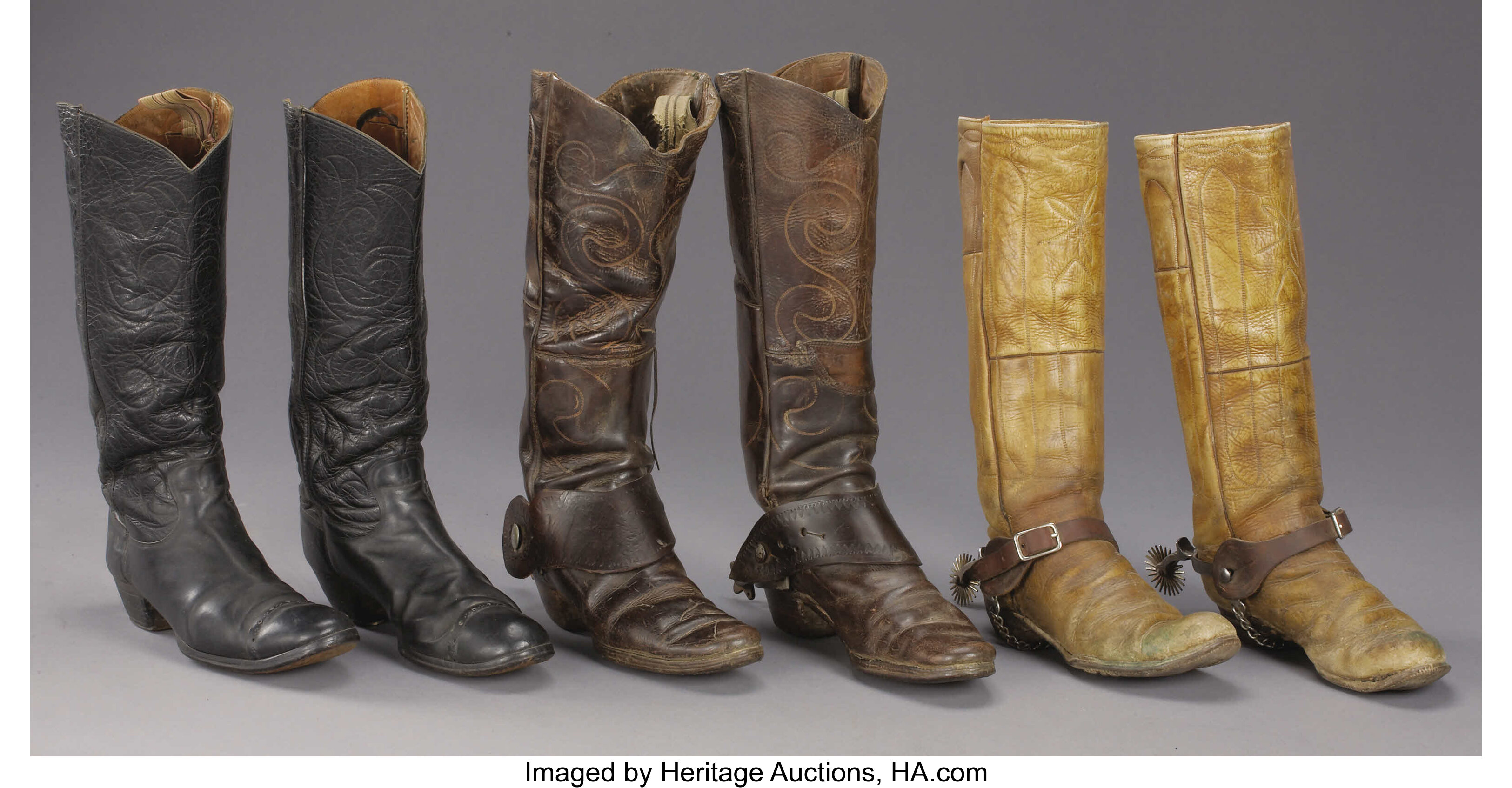VINTAGE COWBOY BOOTS AND SPURS - . a) High top boots; 18½