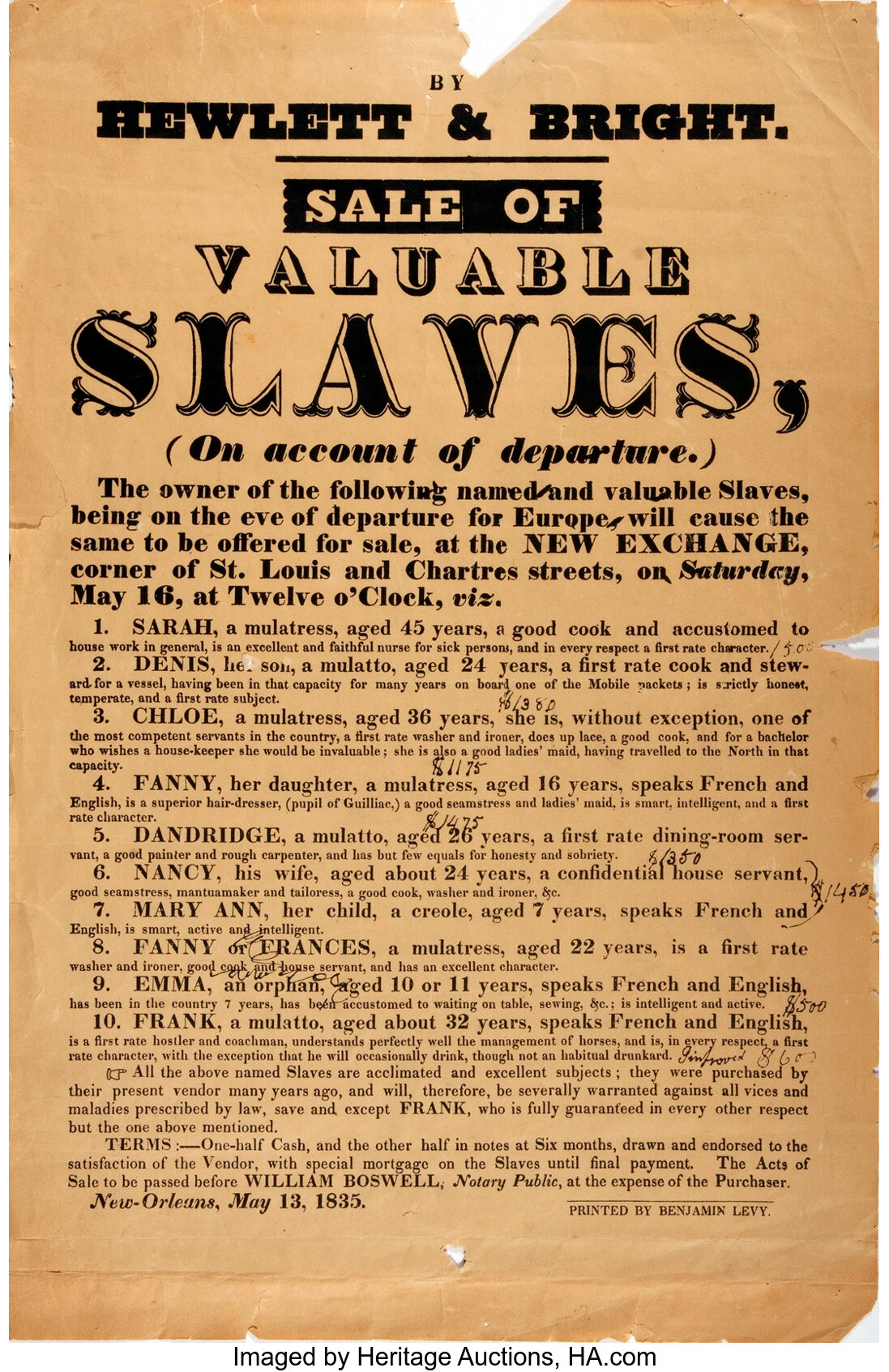 [Slavery]. New Orleans Slave Sale Broadside REPRINT. Reprint of a | Lot ...