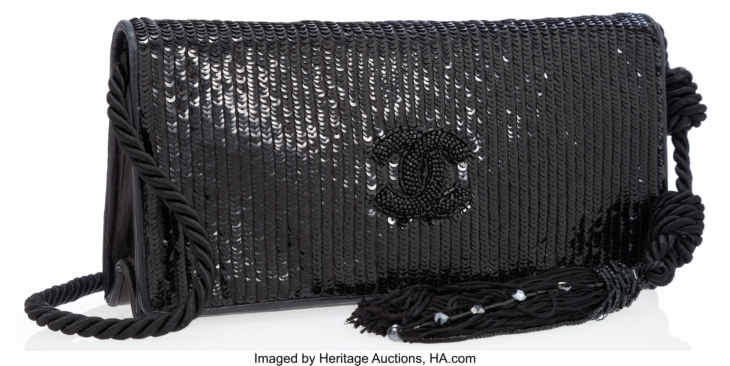 Chanel Black Lambskin Leather & Sequin Clutch Bag with Black Rope