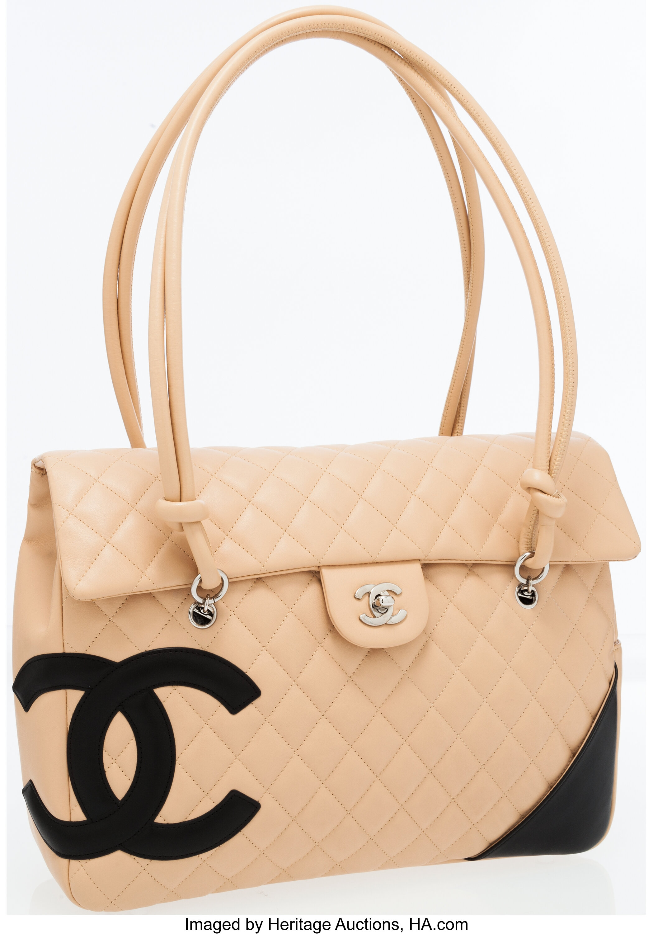 Chanel Beige Quilted Lambskin Leather Cambon Large Flap Bag with, Lot  #79042