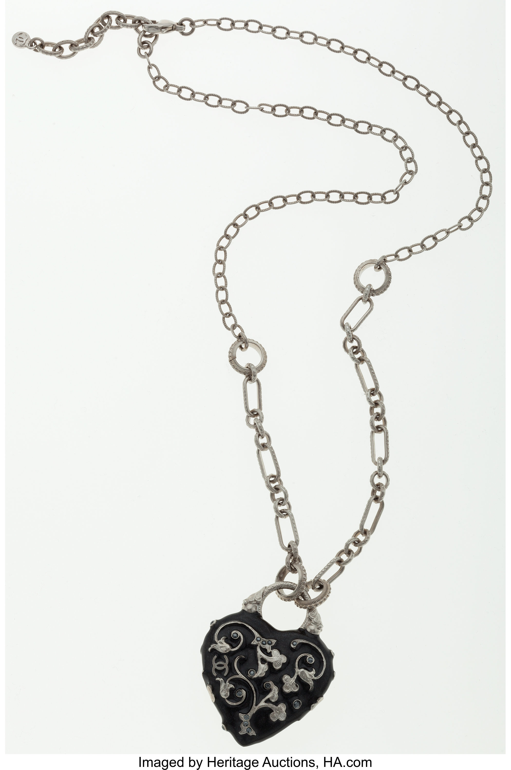 Chanel Black Glittered Enamel and Crystal Heart Pendant Necklace
