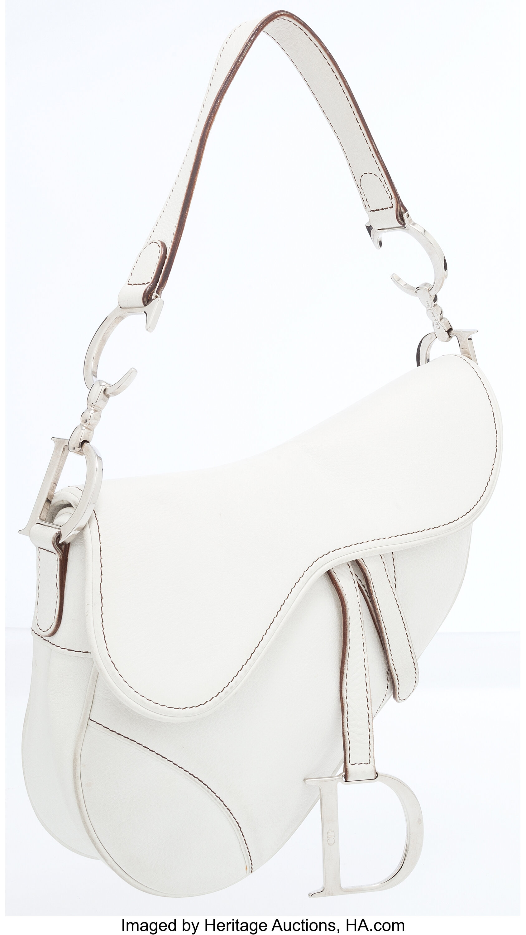 Christian Dior White Leather Saddle Bag with Silver D Charm