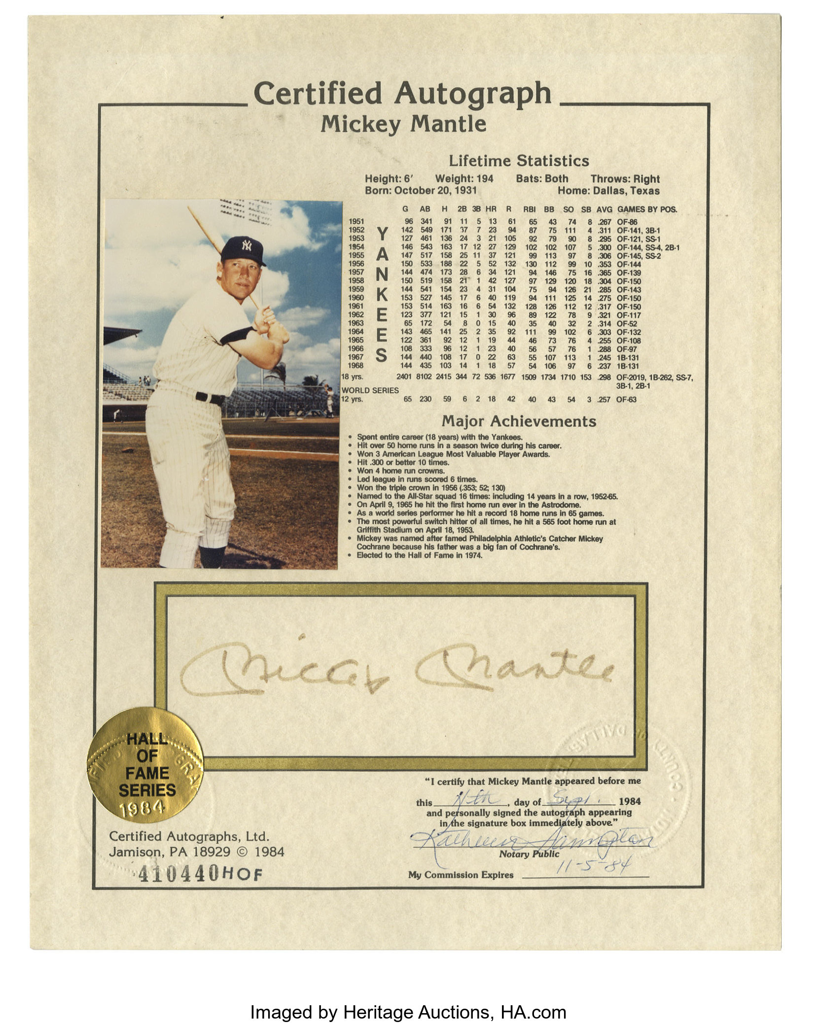 Mickey Mantle Signed Stat Sheet. Here we offer an 8x10 sheet which, Lot  #12262