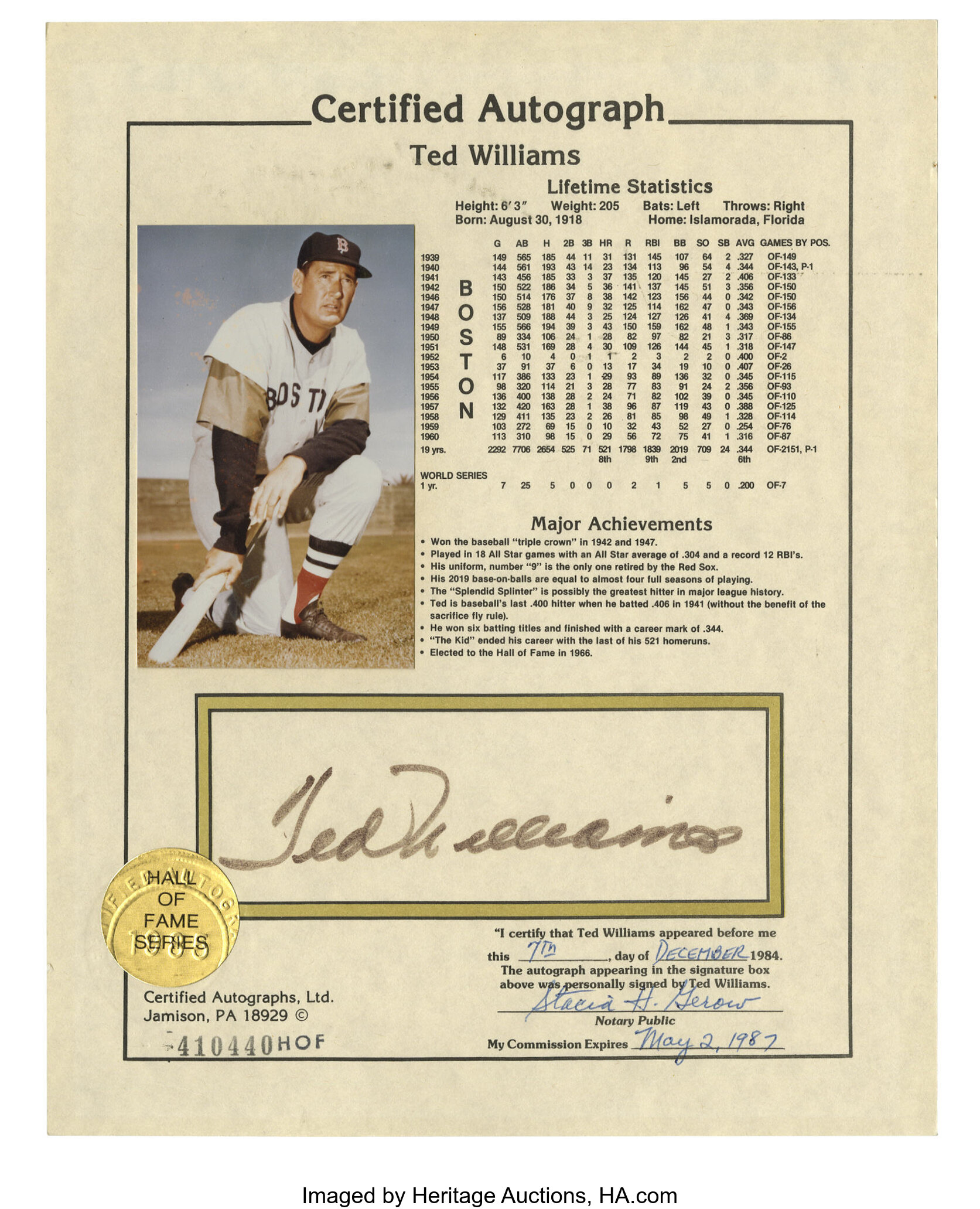 Ted Williams Signed Stat Sheet. There remains zero doubt as to the, Lot  #12267