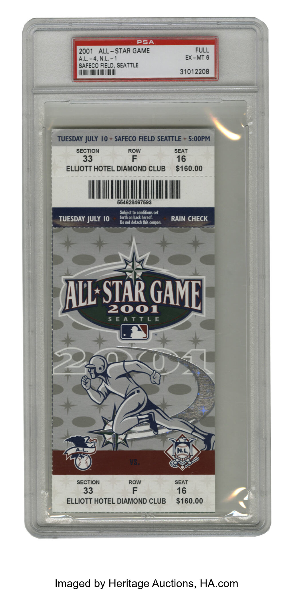 2001 All-Star Game Ticket PSA EX-MT 6. The 2001 MLB All-Star Game, Lot  #12287