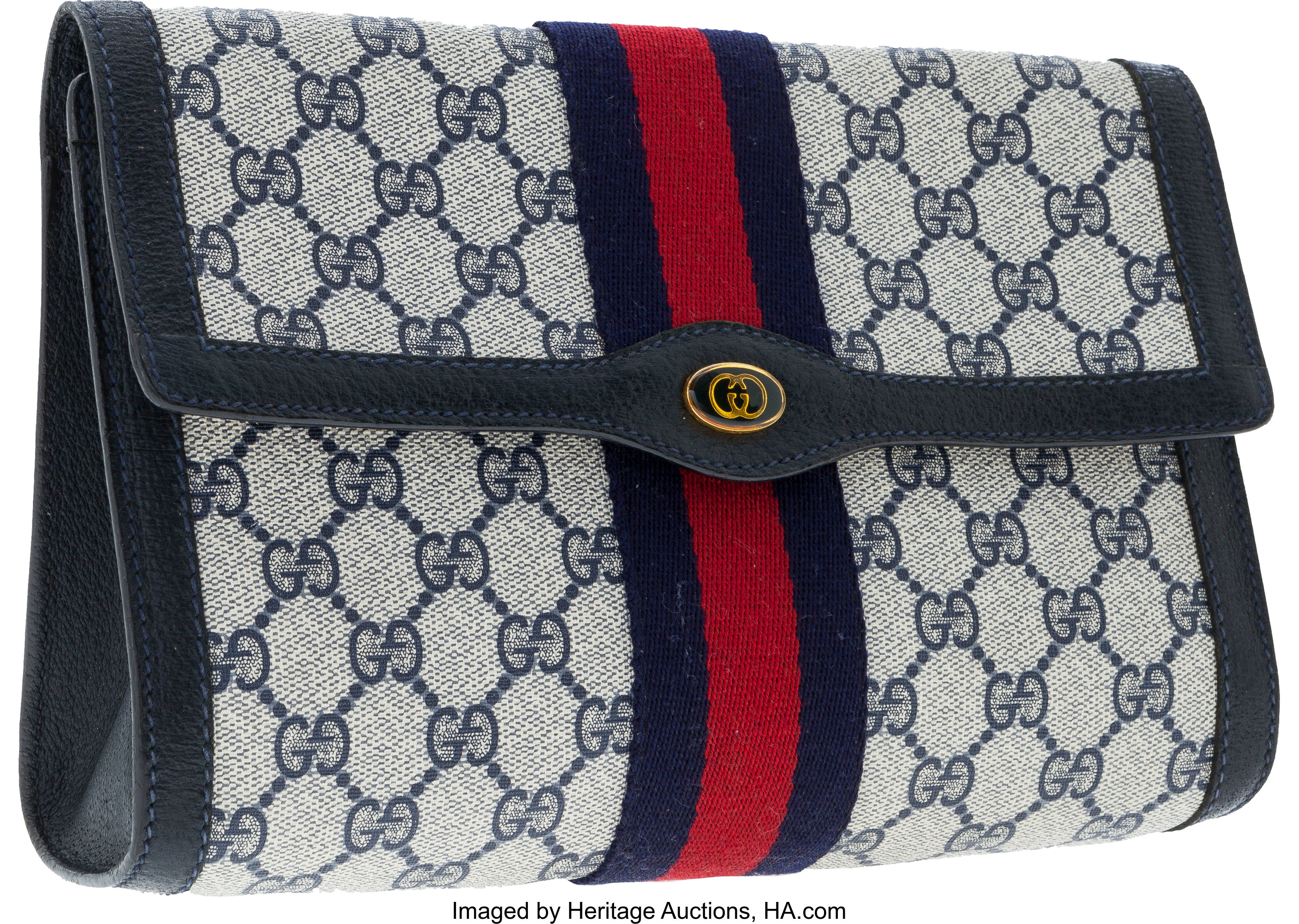 Gucci Navy Blue Classic Monogram Canvas Pouch Clutch Bag with Web, Lot  #75064
