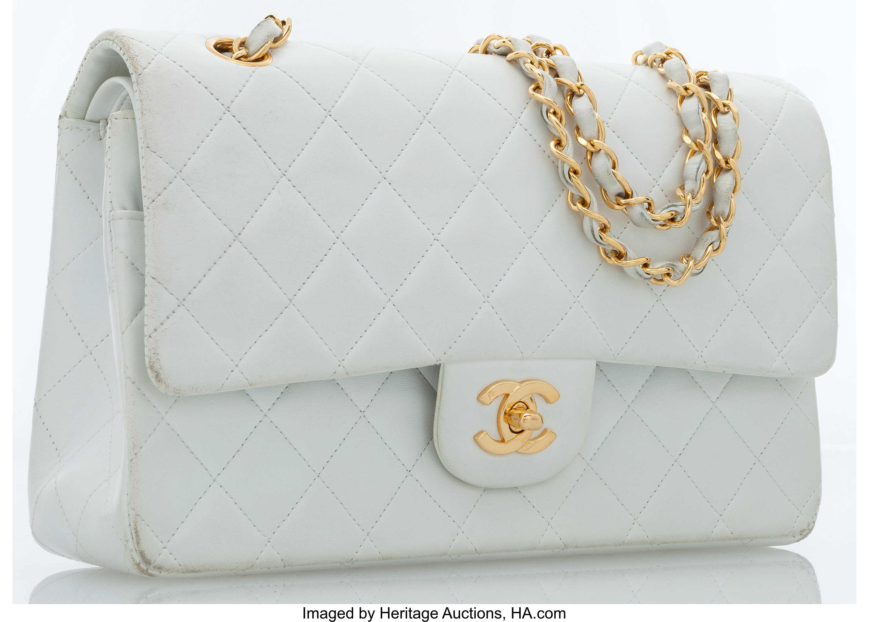 Chanel White Quilted Lambskin Leather Medium Double Flap Bag with, Lot  #77015