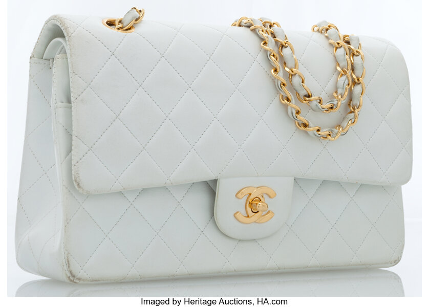 Chanel White Quilted Lambskin Leather Medium Double Flap Bag with, Lot  #77015