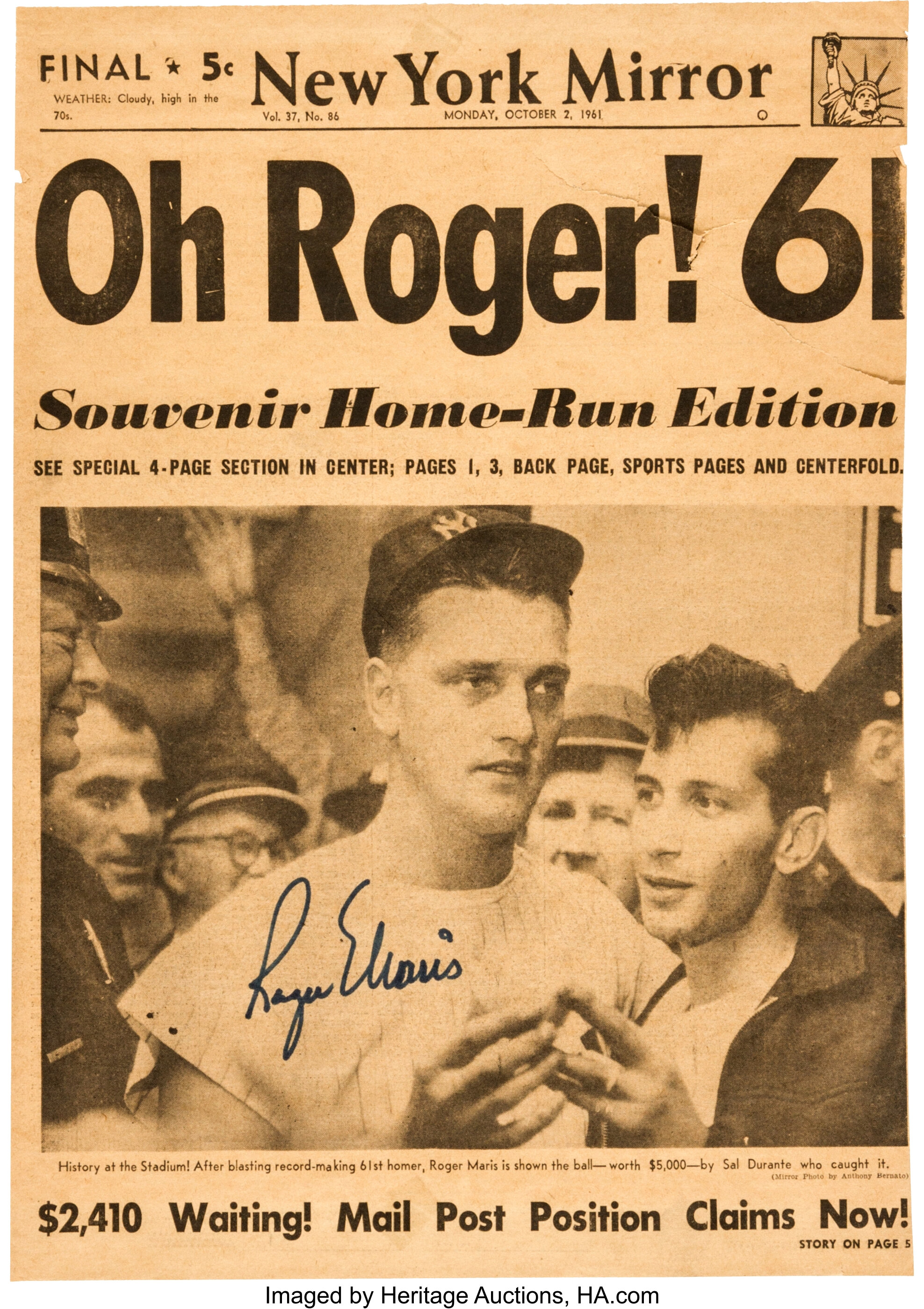 1961 Roger Maris 61st Home Run Original News Photograph, PSA/DNA, Lot  #50138