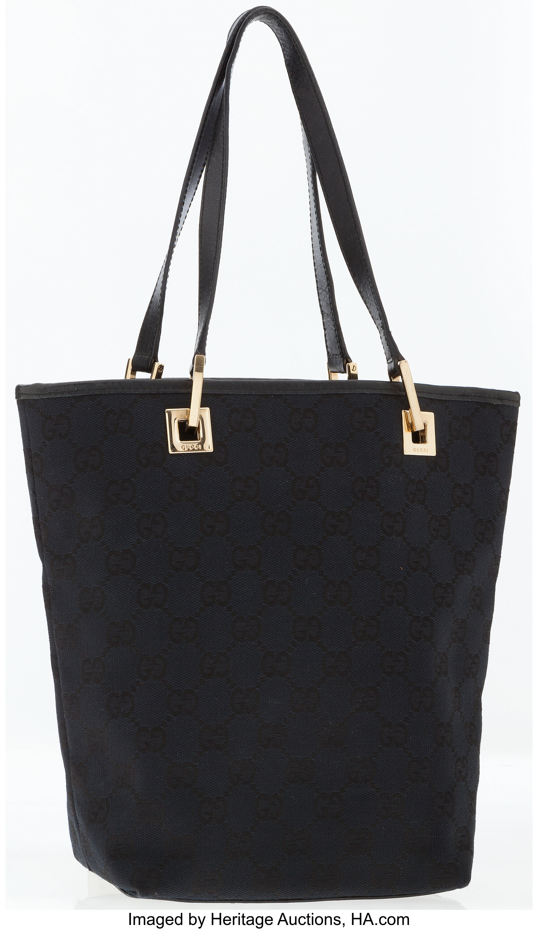 Gucci Black Monogram Canvas Tote Bag With Black Leather Handles. 