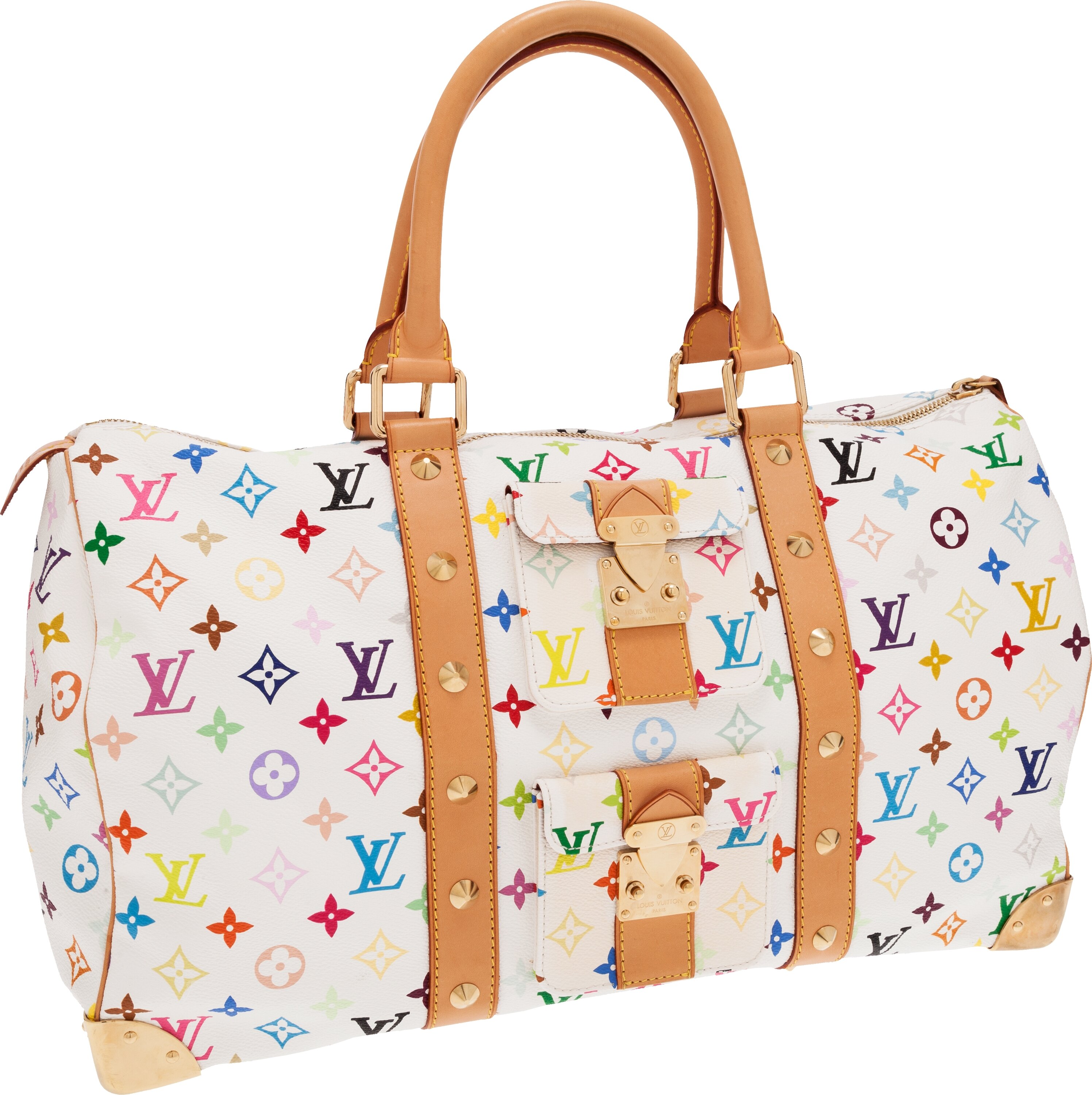 Sold at Auction: Louis Vuitton White Multicolore Monogram Keepall 45 Duffel  Bag