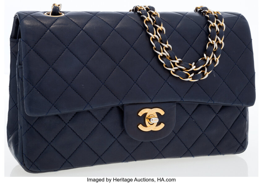 Chanel Navy Blue Quilted Lambskin Leather Medium Double Flap Bag ., Lot  #79015