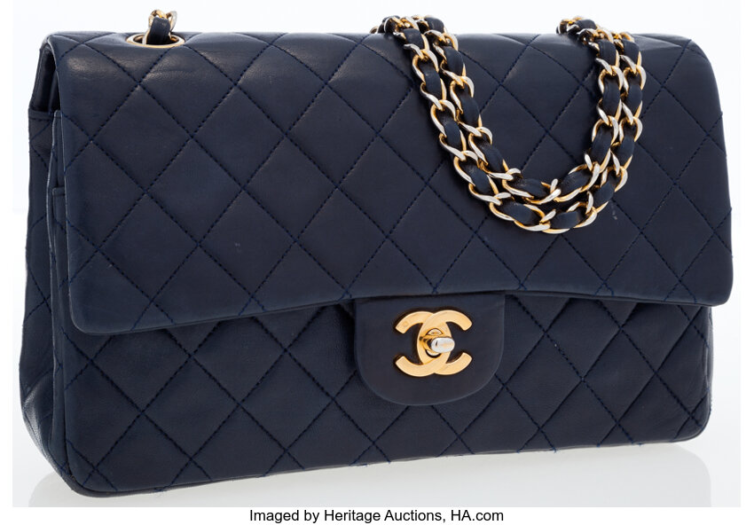 Vintage Chanel CC Flap Bag Quilted Navy Blue Lambskin