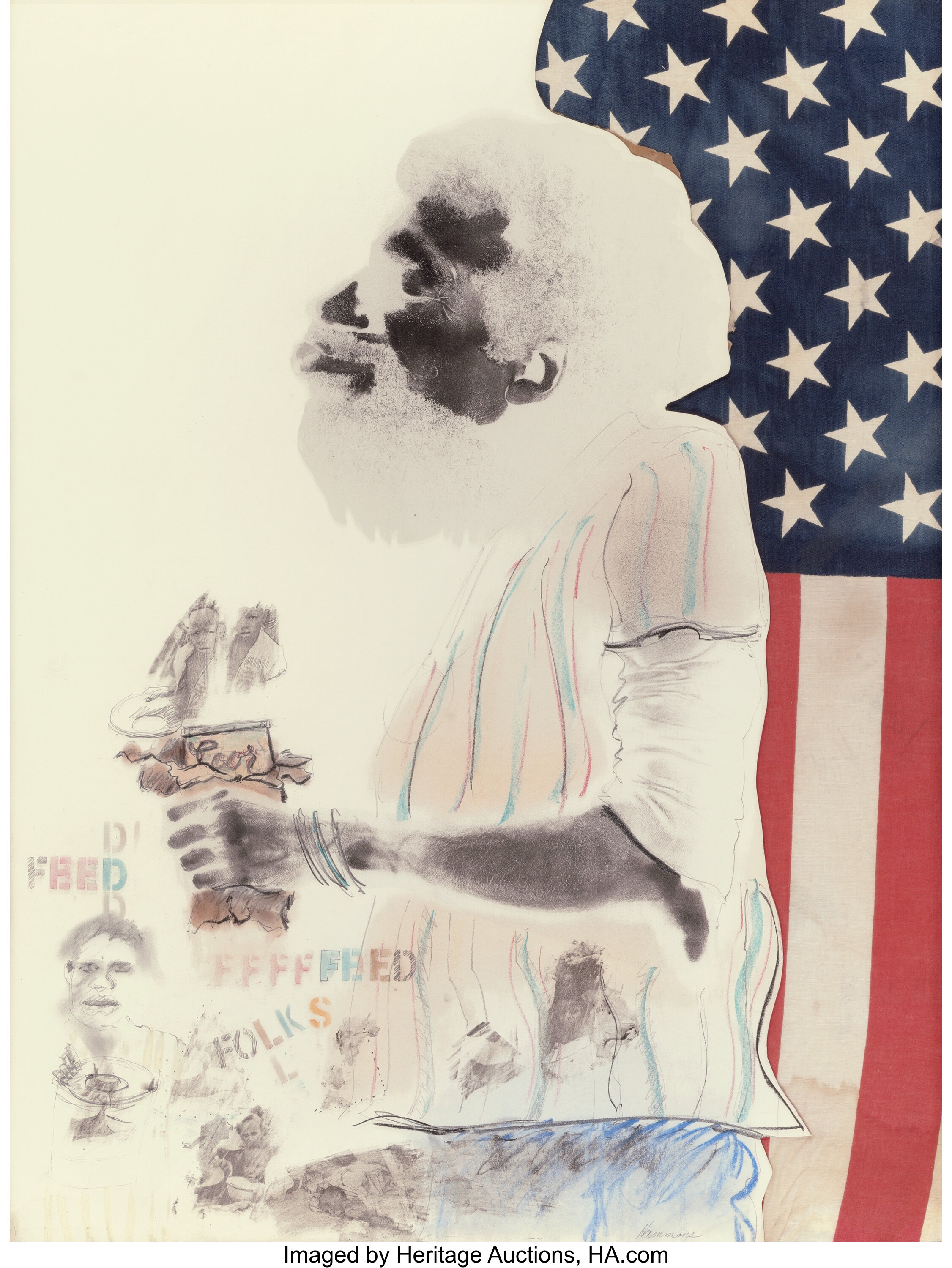 DAVID HAMMONS (American, b. 1943). Feed Folks, 1974. Mixed media. | Lot