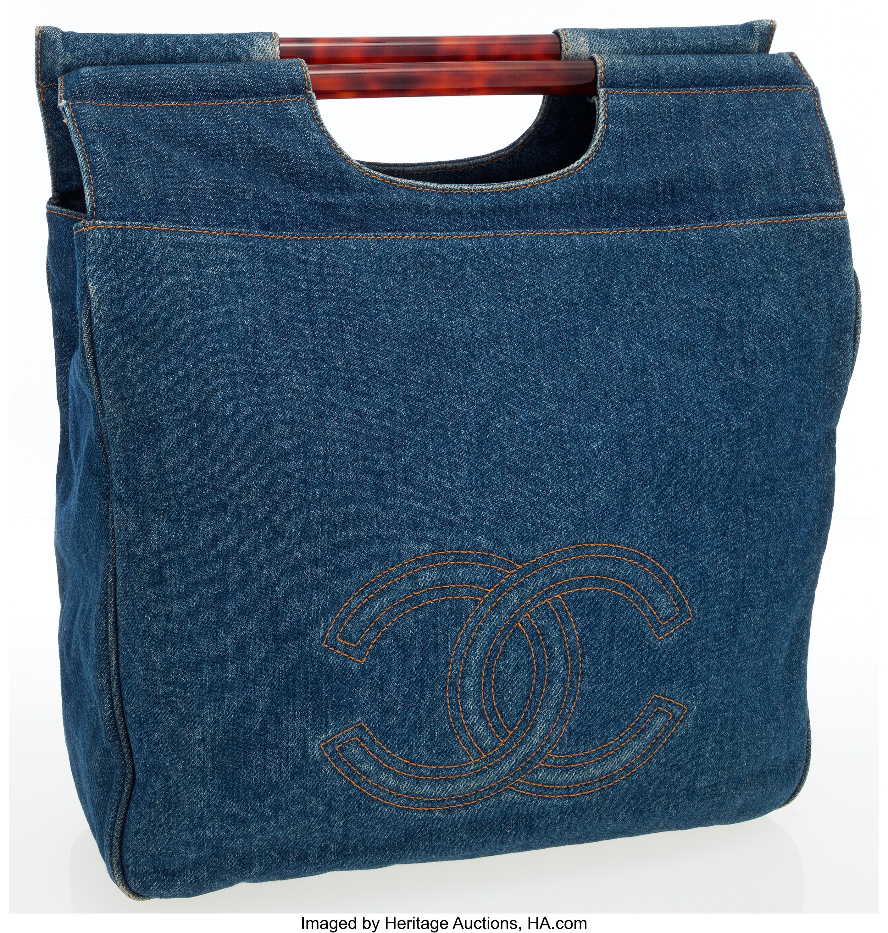 Chanel Blue Denim Jumbo Tote Bag with Tortoise Handles.  Luxury, Lot  #78011