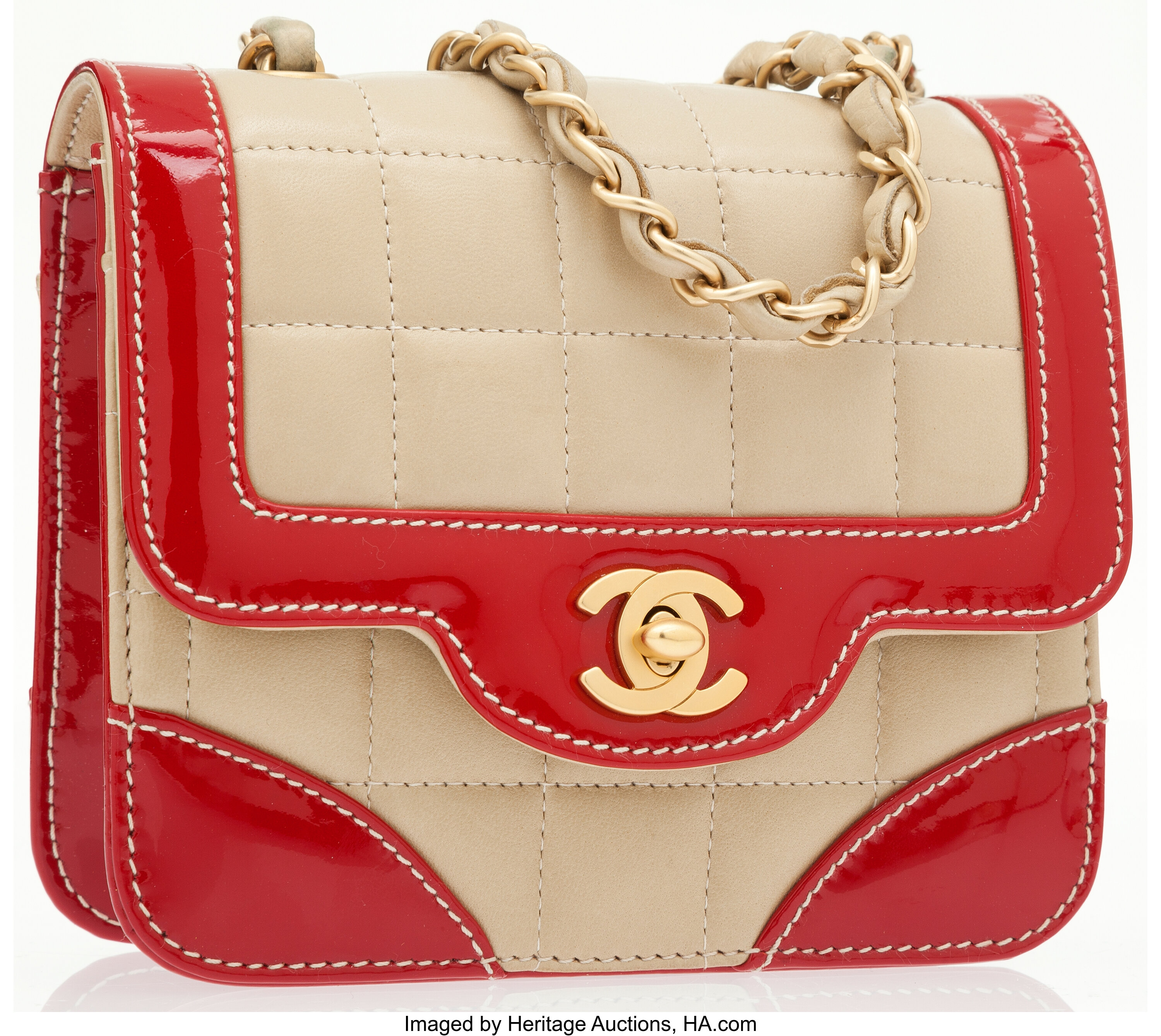 Chanel Beige & Red Lambskin Leather Quilted Mini Flap Bag