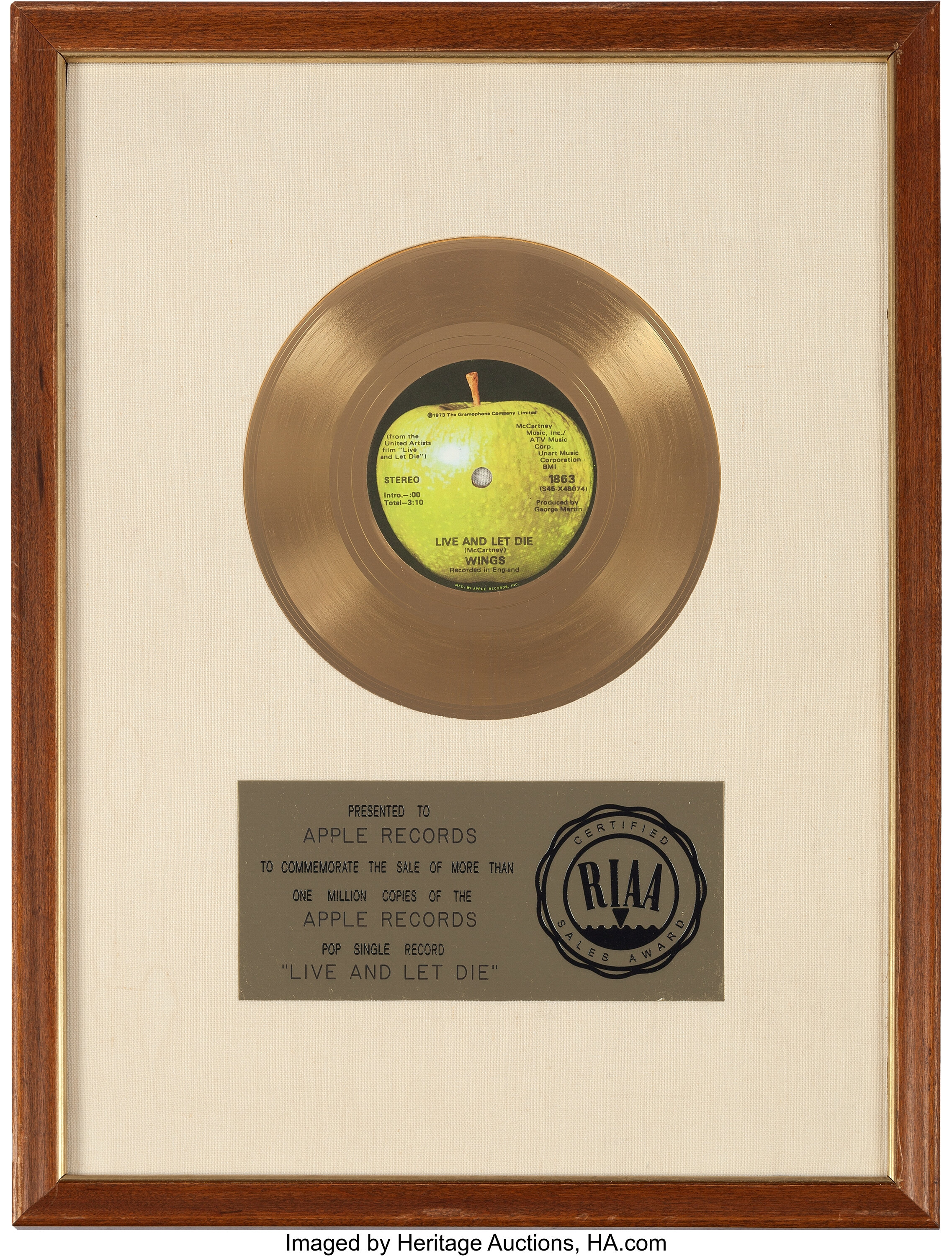 Wings Live And Let Die Riaa Gold Record Award Apple 1863 Lot 463 Heritage Auctions