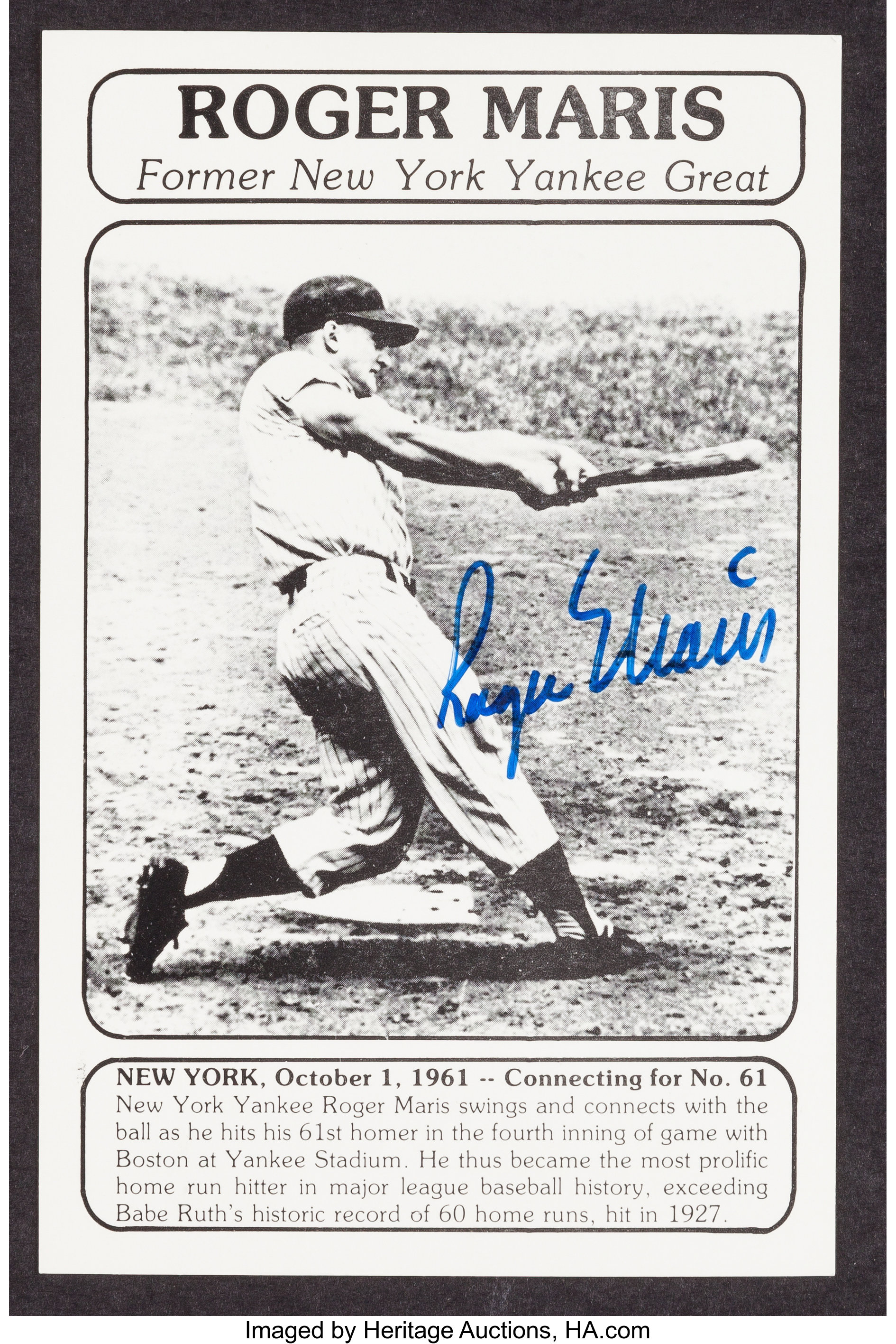 Signed Roger Maris 61st Home Run Promo Card.  Baseball