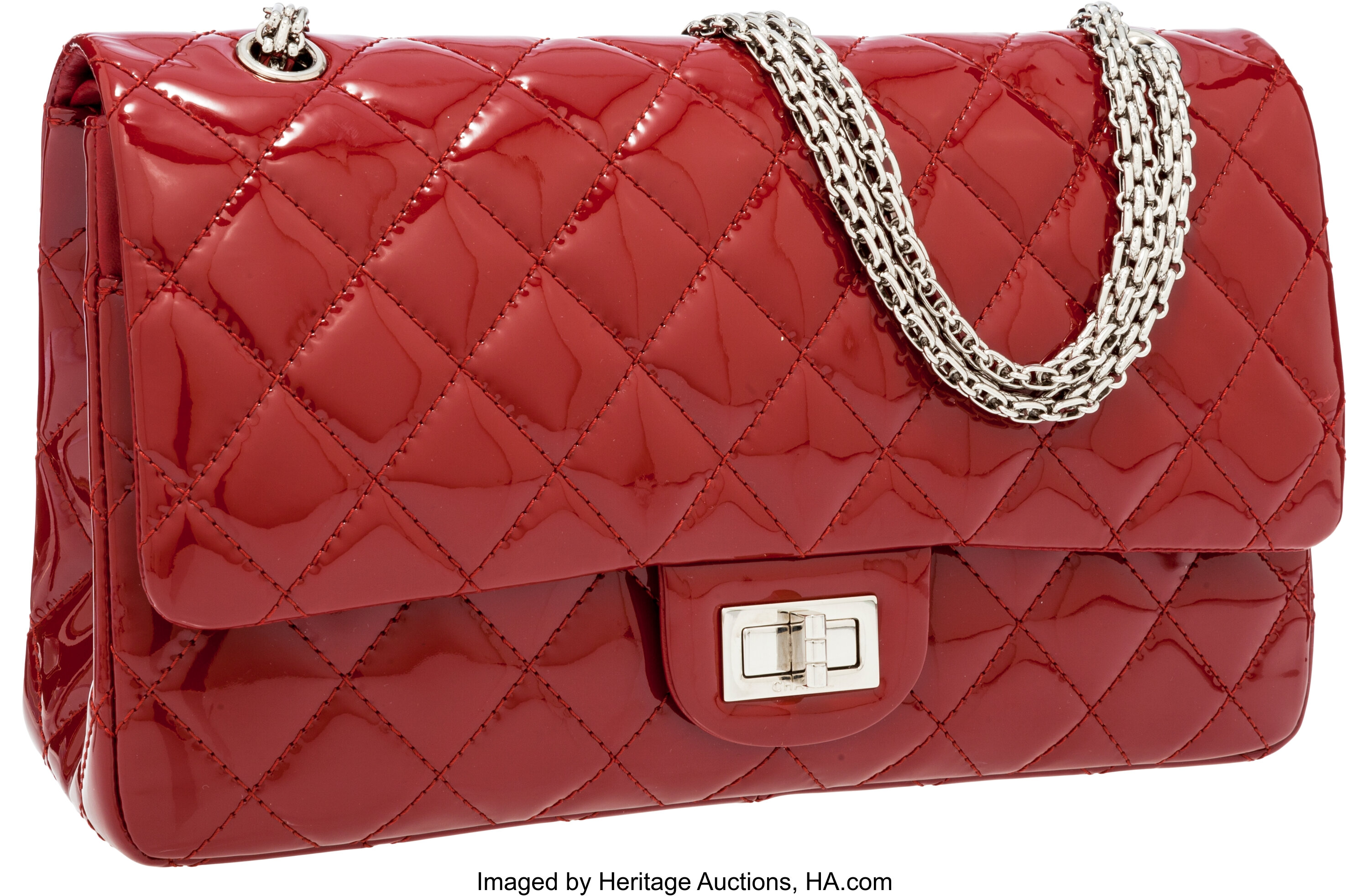 Chanel Cranberry Red Quilted Patent Leather Maxi Reissue Double, Lot  #56213